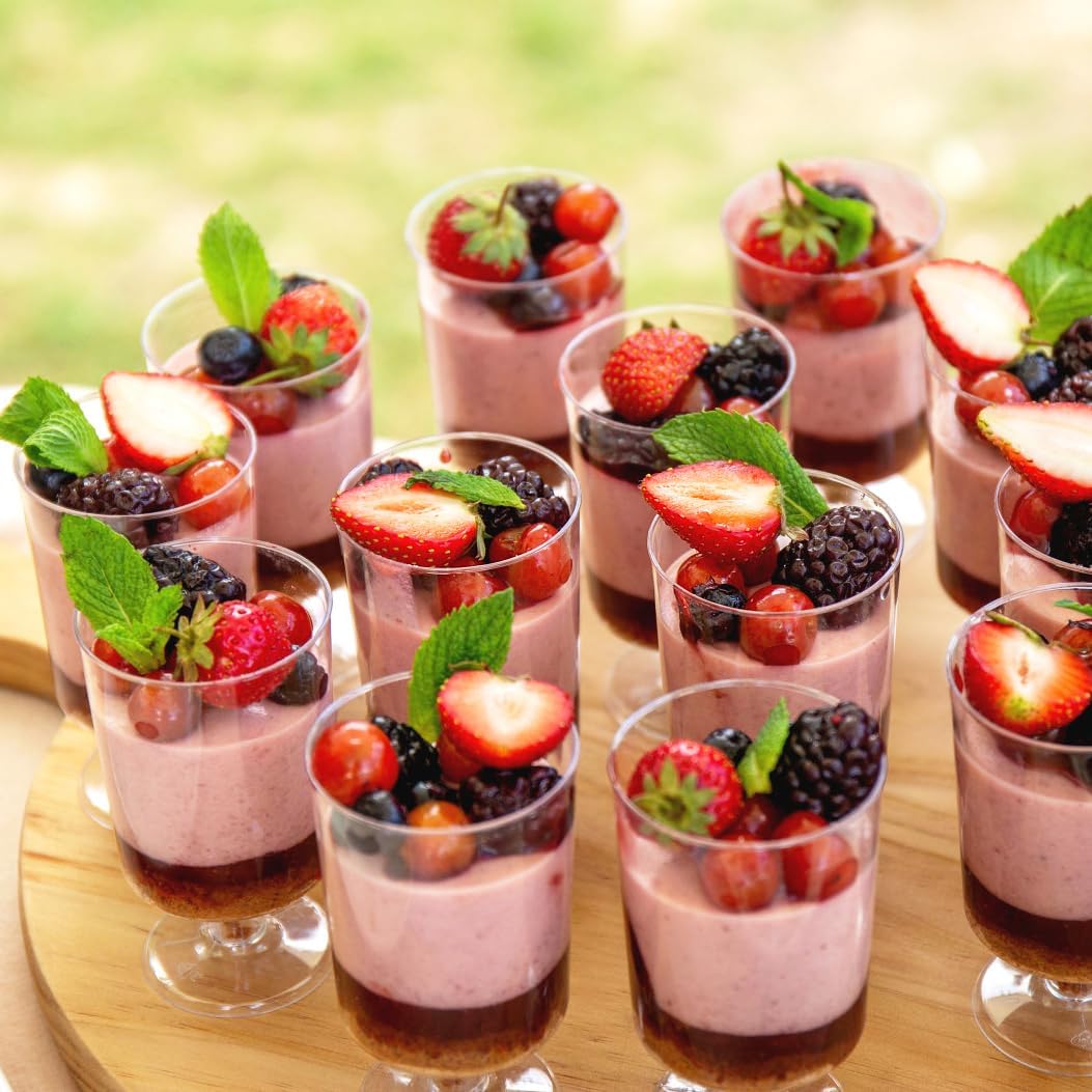 Zezzxu 40-Pack 3.4 oz Mini Dessert Cups with Spoons - Small Plastic Footed Goblet Glasses for Mousse, Appetizers, Puddings, Parfait - Perfect for Parties, Catering & Home Entertaining
