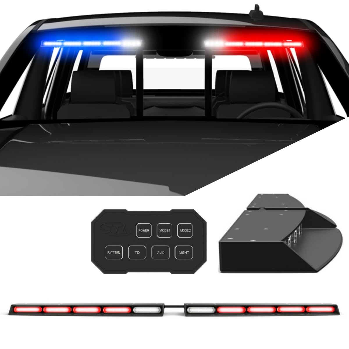 SpeedTech Raptor TIR LED Strobe Light Bar - Red/Red Emergency Vehicle Interior Windshield Visor Light with Bracket & Control Box for Police, Security, and First Responders - Perfect for Emergency Signaling, Roadside Assistance, and Fleet Safety