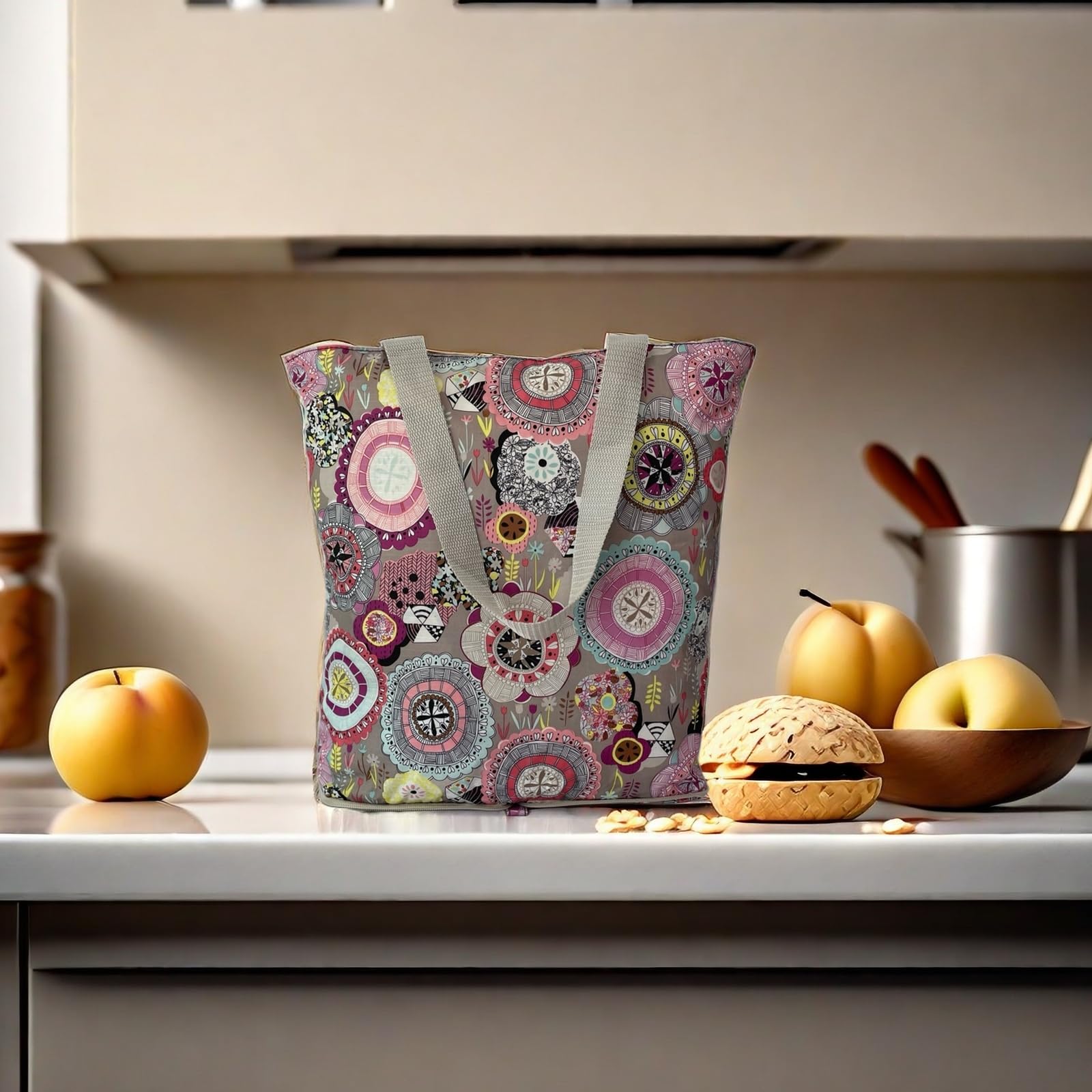 Foldable Waterproof Grocery Tote Bags 2 Pack - Large Reusable Shopping Bags with Zipper Closure, Lightweight & Durable for Daily Use - Floral Design for Groceries, Beach Trips, and Farmers Market Shopping
