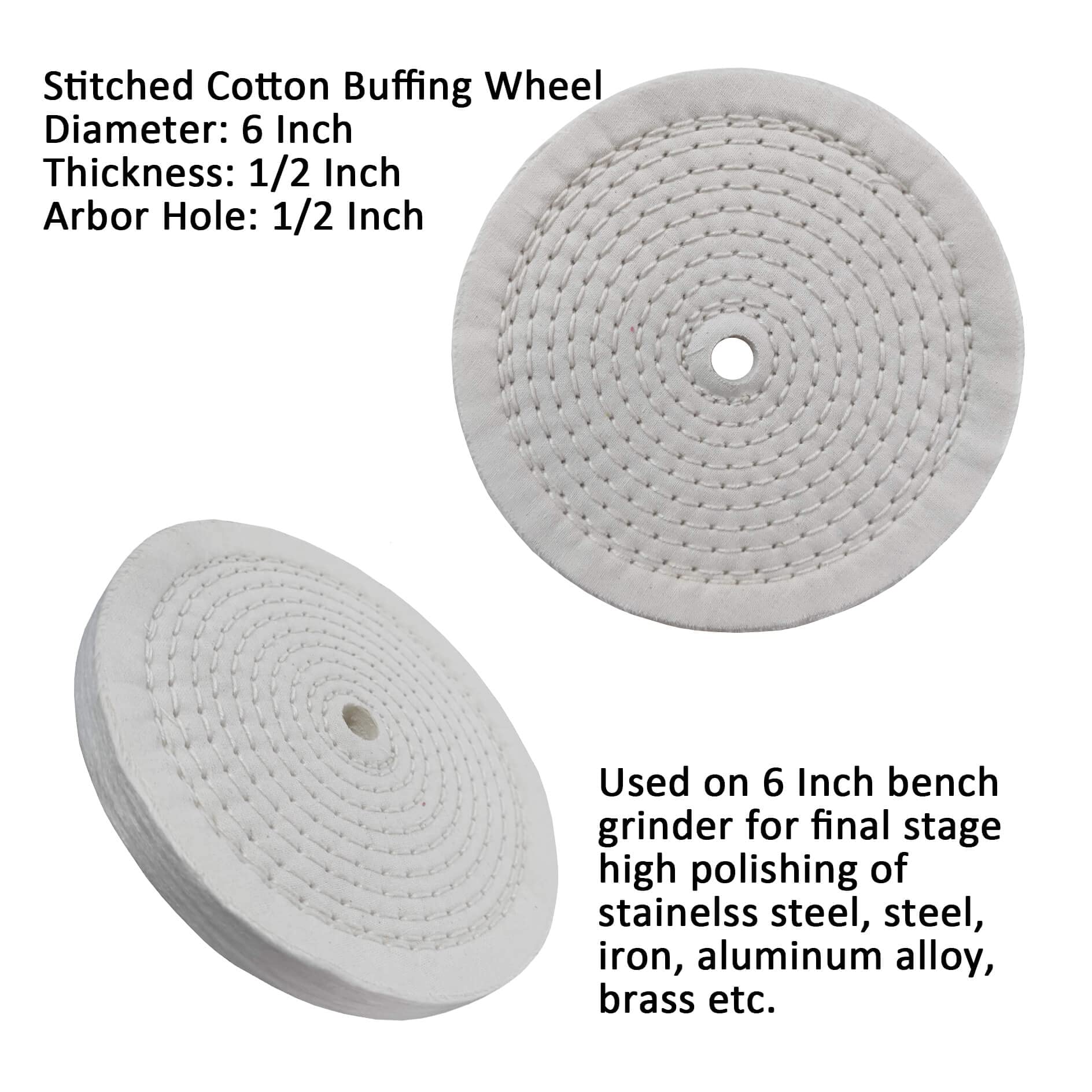 6 Inch White Cotton Polishing Buffing Wheels (2-Pack) for Bench Grinder - 1/2