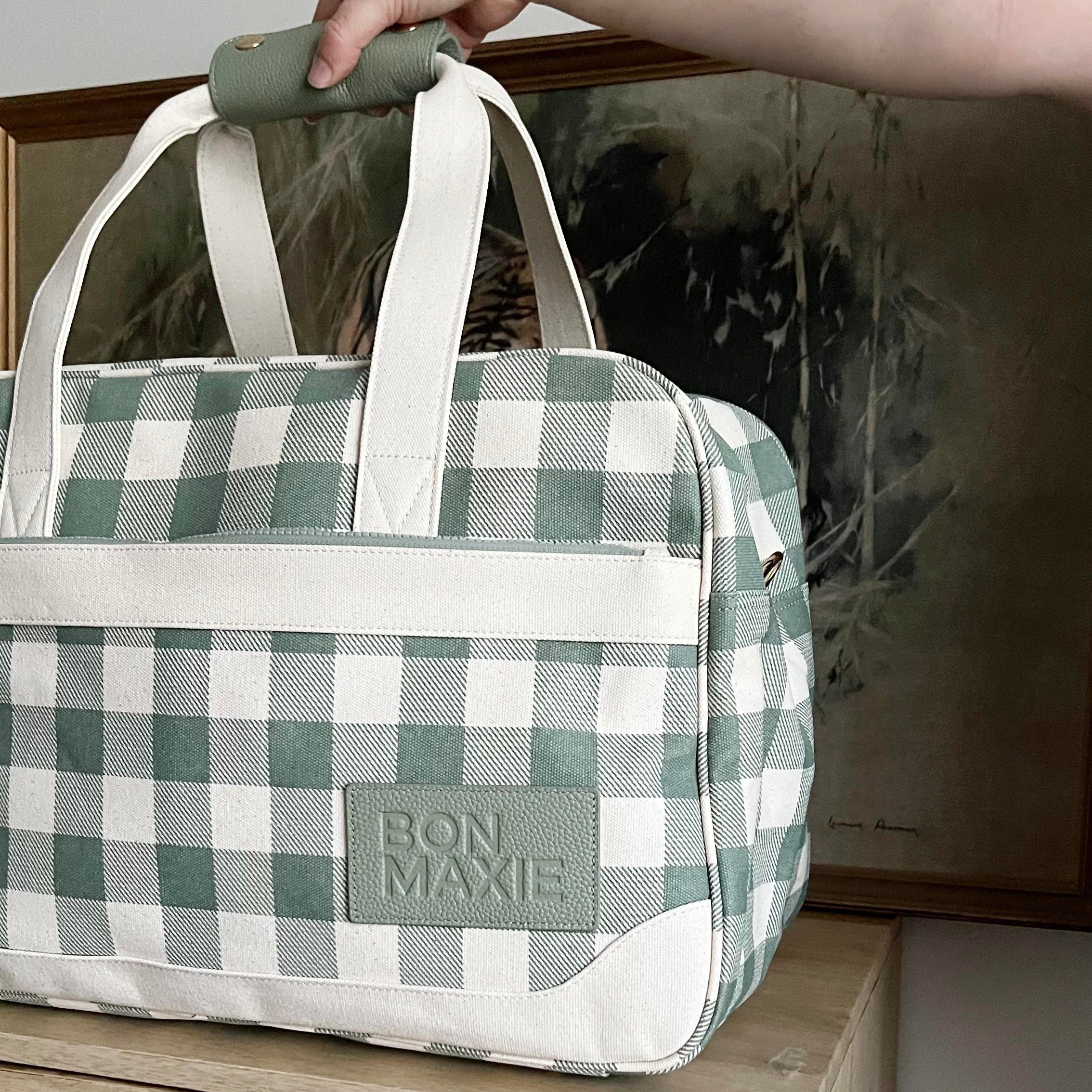 Bon Voyage Weekender Bag - Sage Gingham Checkered Travel Duffel for Women & Men | Perfect for Weekend Getaways, Gym, Overnight Trips & Airplane Carry-On