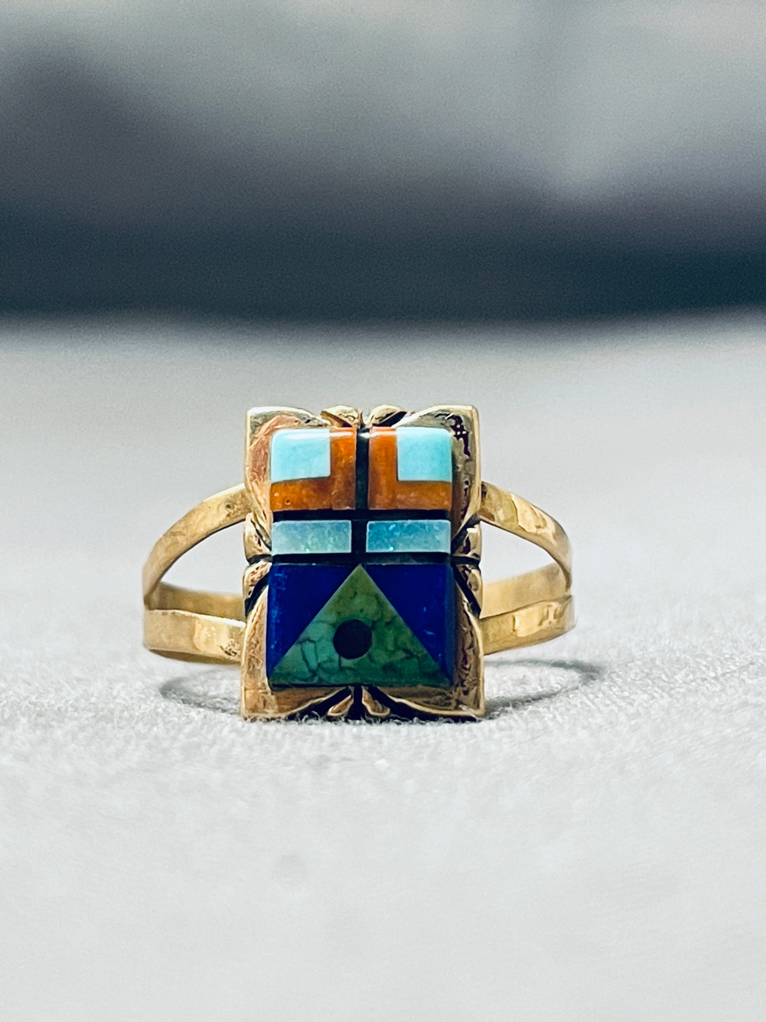 14K Gold Vintage Signed Navajo Turquoise Inlay Ring - Authentic Native American Jewelry for Women, Handmade Southwest Style, Perfect for Boho Fashion & Special Occasions