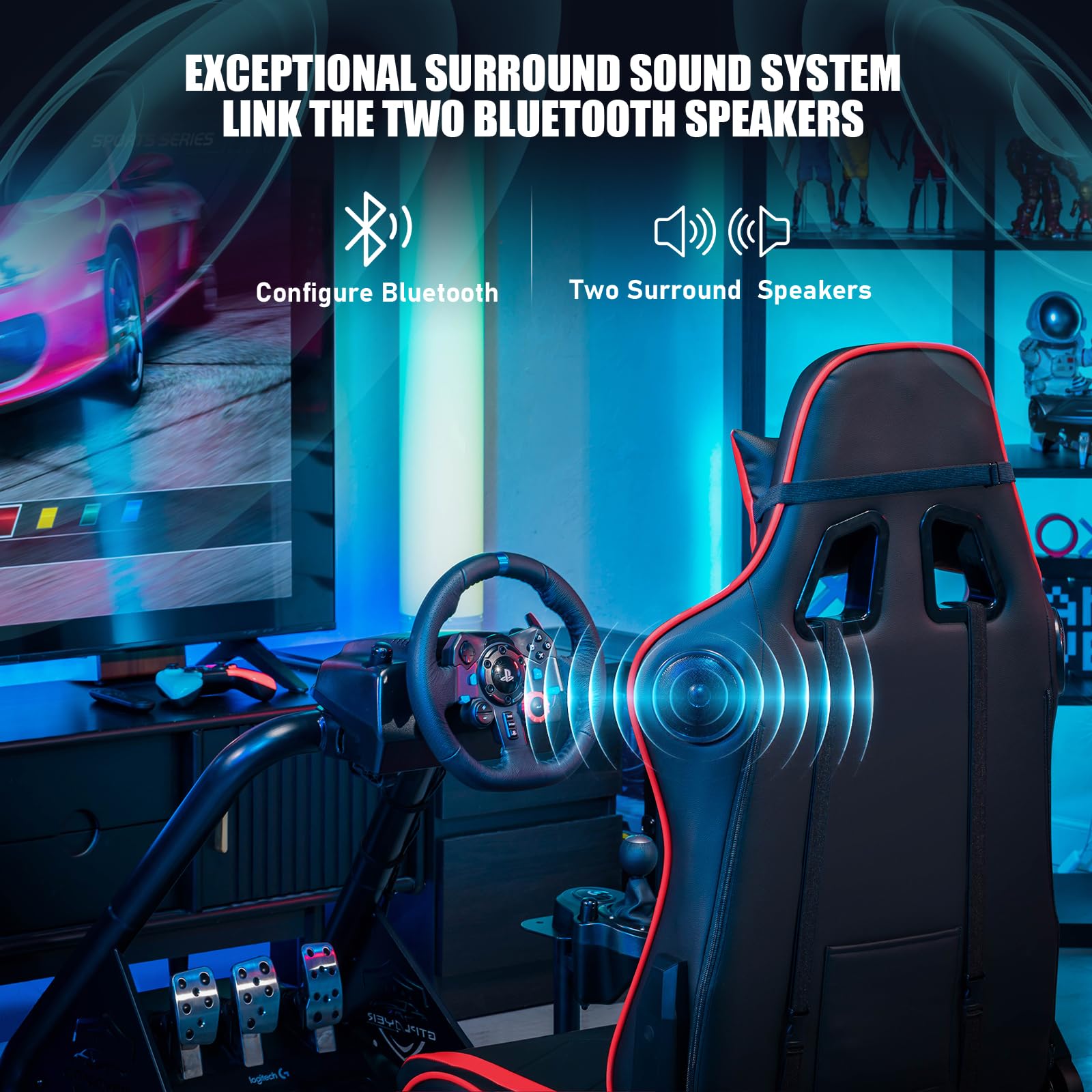 GTPLAYER Racing Simulator Cockpit with Adjustable Seat & Bluetooth Speakers - Ultra-Sturdy Alloy Steel Frame for PC/PS4/Xbox Gaming - Perfect for Home Racing Simulation & Esports Training (Red)