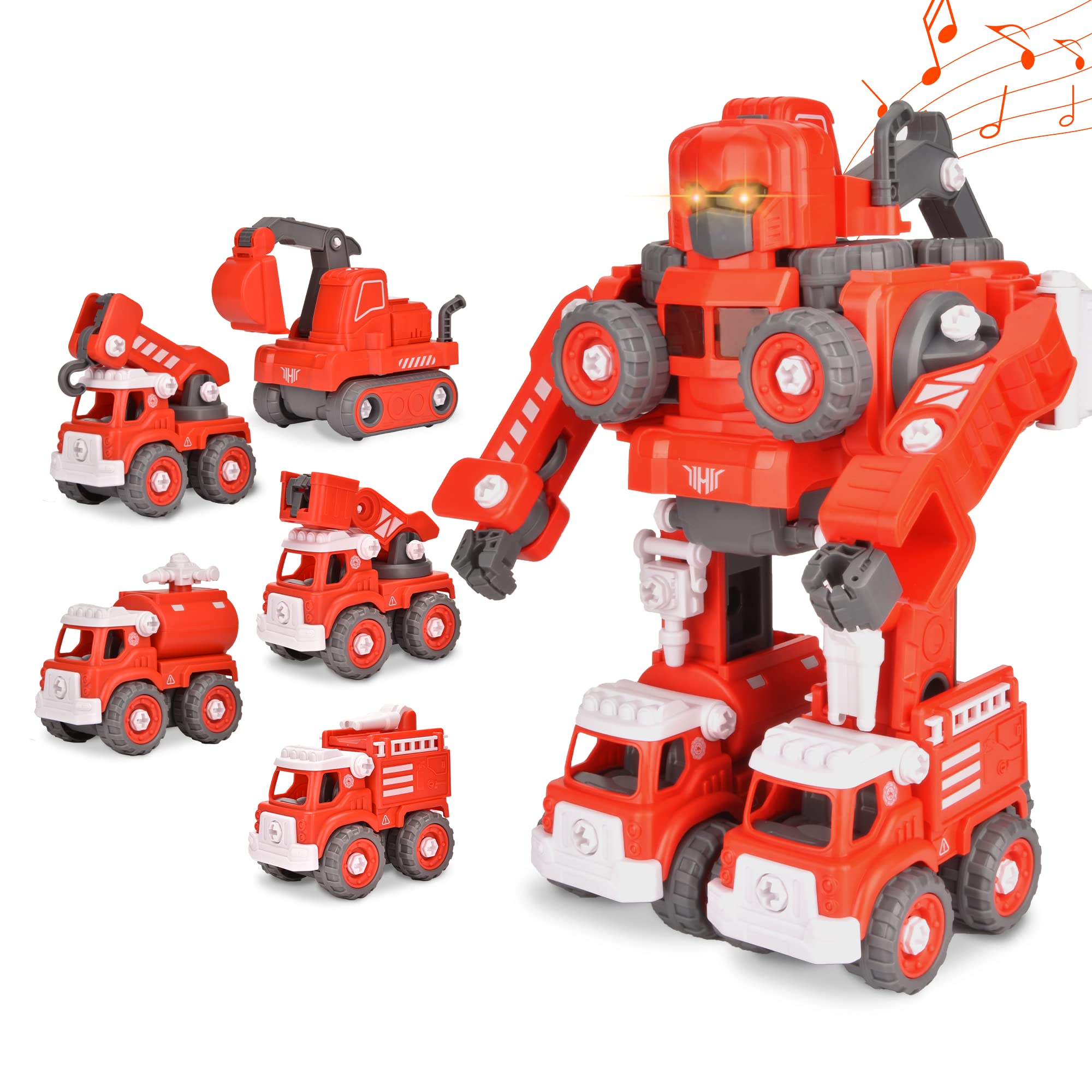 5-in-1 Transformable Fire Truck Robot Toy with Electric Drill - Construction Vehicle Building Set, Crane & Take-Apart STEM Toy for Kids Ages 4-12 | Birthday Gift Idea for Boys & Girls | Perfect for Pretend Play, STEM Learning & Creative Construction Fun (Red)