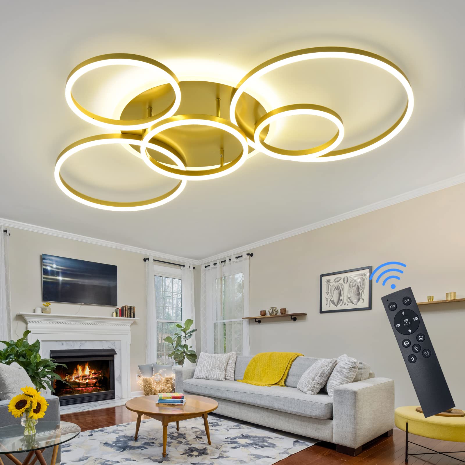 Modern LED Ceiling Light Fixture - 5 Ring Gold Flush Mount with Remote Control, 106W 10000LM Dimmable Lighting (3000-6000K) for Living Room, Bedroom, Kitchen & Dining Room | Energy-Efficient Home & Office Lighting Solution