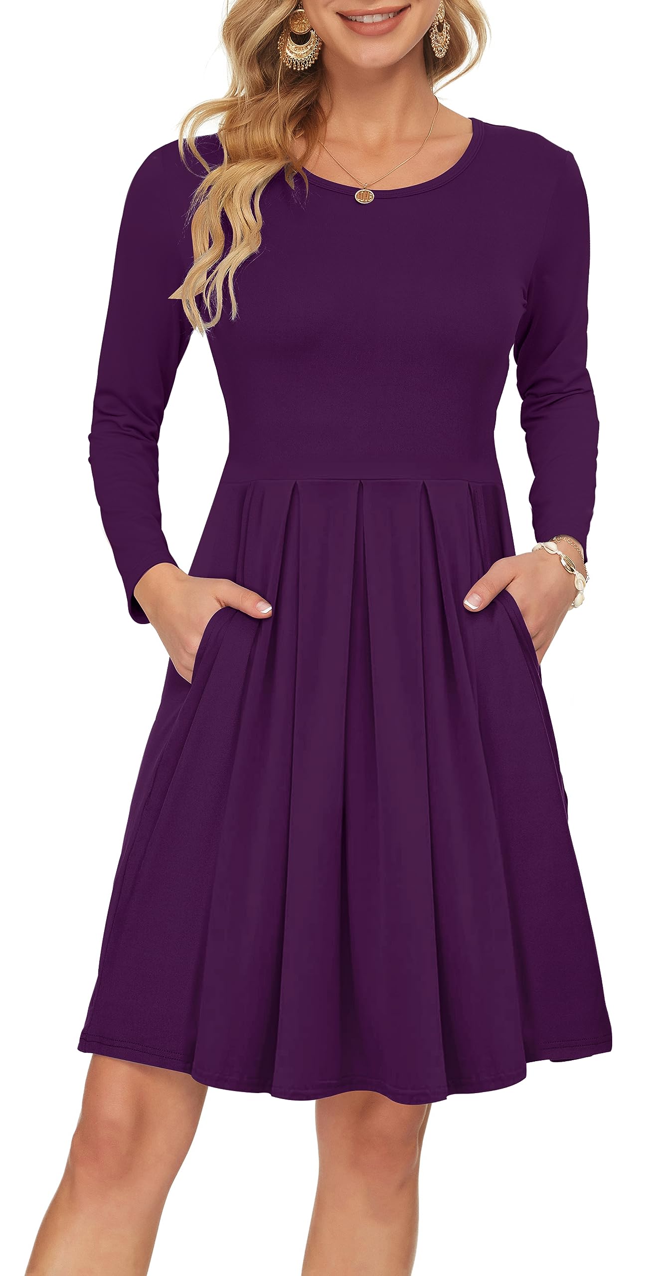 AUSELILY Women's Long Sleeve Pleated Swing Dress with Pockets - Knee Length Casual Loose Dress for Everyday Wear, Office & Date Night | 2025 New Collection