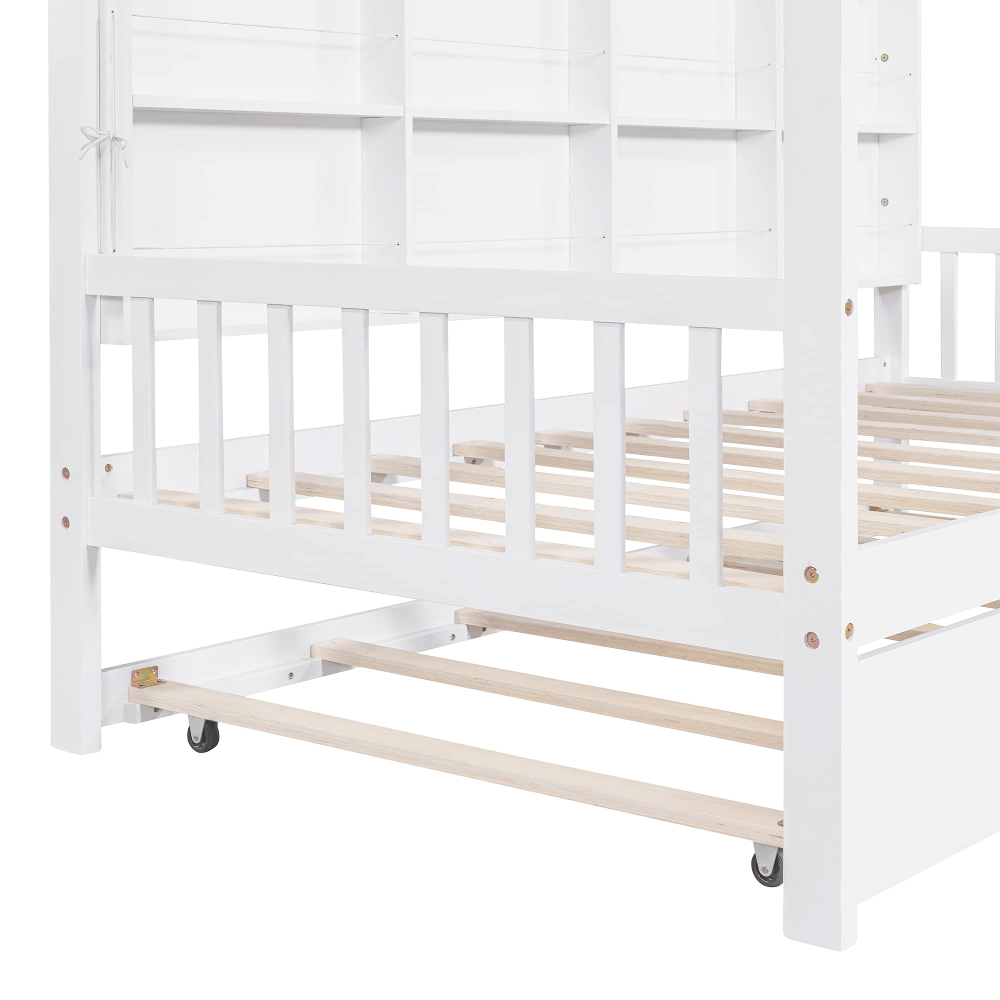 Polibi Twin Size Wooden House Bed with Trundle - 8 Storage Shelves, Roof, Headboard & Footboard - Kids Playhouse Bed for Bedroom & Playroom - Perfect for Sleepovers & Imaginative Play