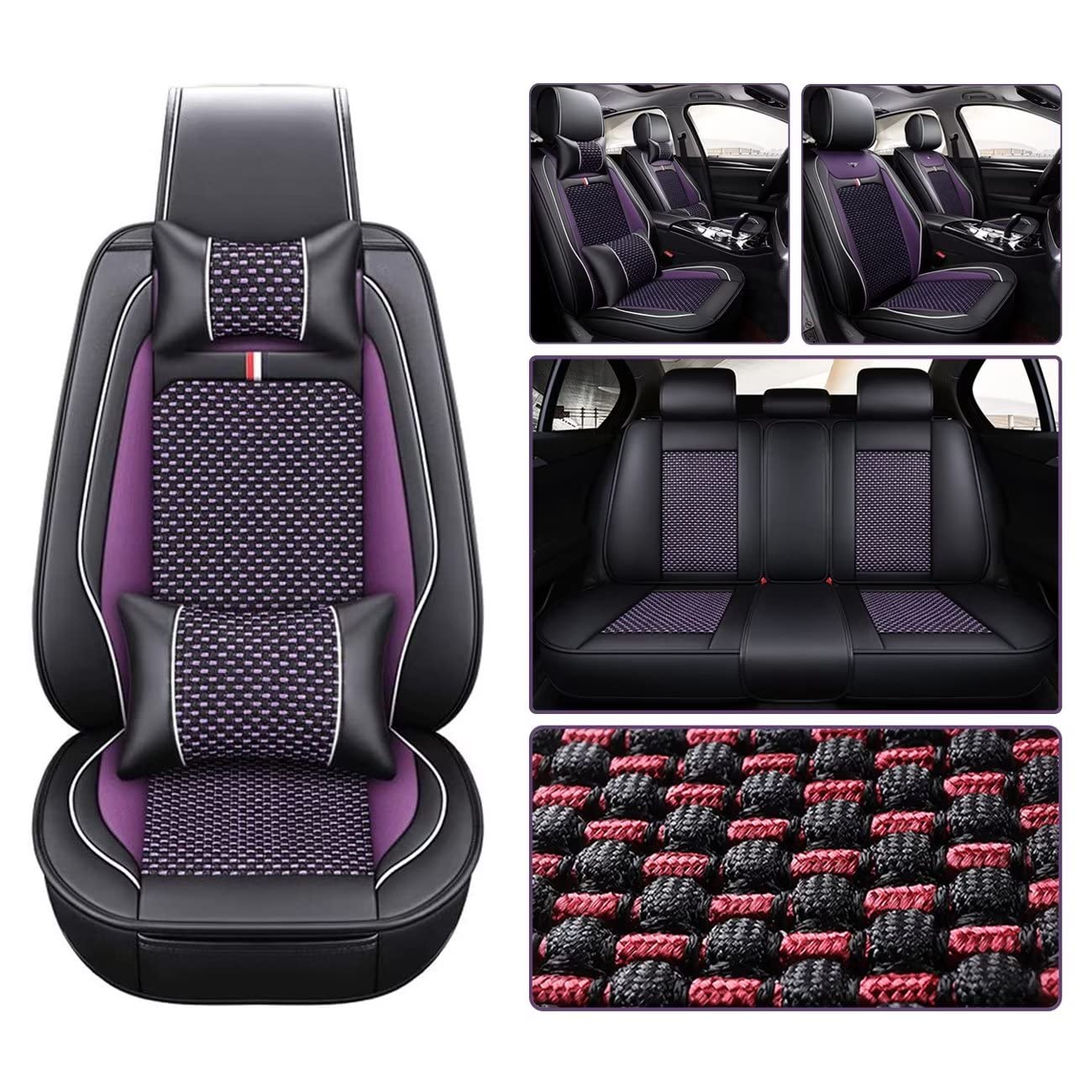 Premium Purple Leather Car Seat Covers Full Set with Pillows - Universal Front & Rear Seat Protectors for Men & Women - Luxury Car Interior Accessories for Sedans, SUVs & Trucks - Perfect for Commuting, Road Trips & Family Protection