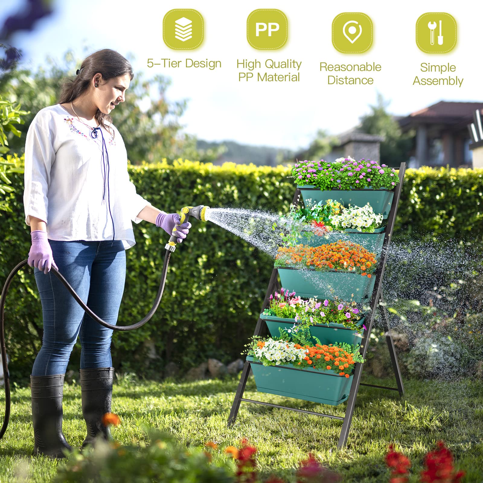 Safstar 5-Tier Vertical Raised Garden Bed - Freestanding Planter with 5 Container Boxes for Vegetables, Fruits, Flowers & Herbs - Indoor & Outdoor Use - Perfect for Small Spaces, Balconies & Patios (Green, 1)