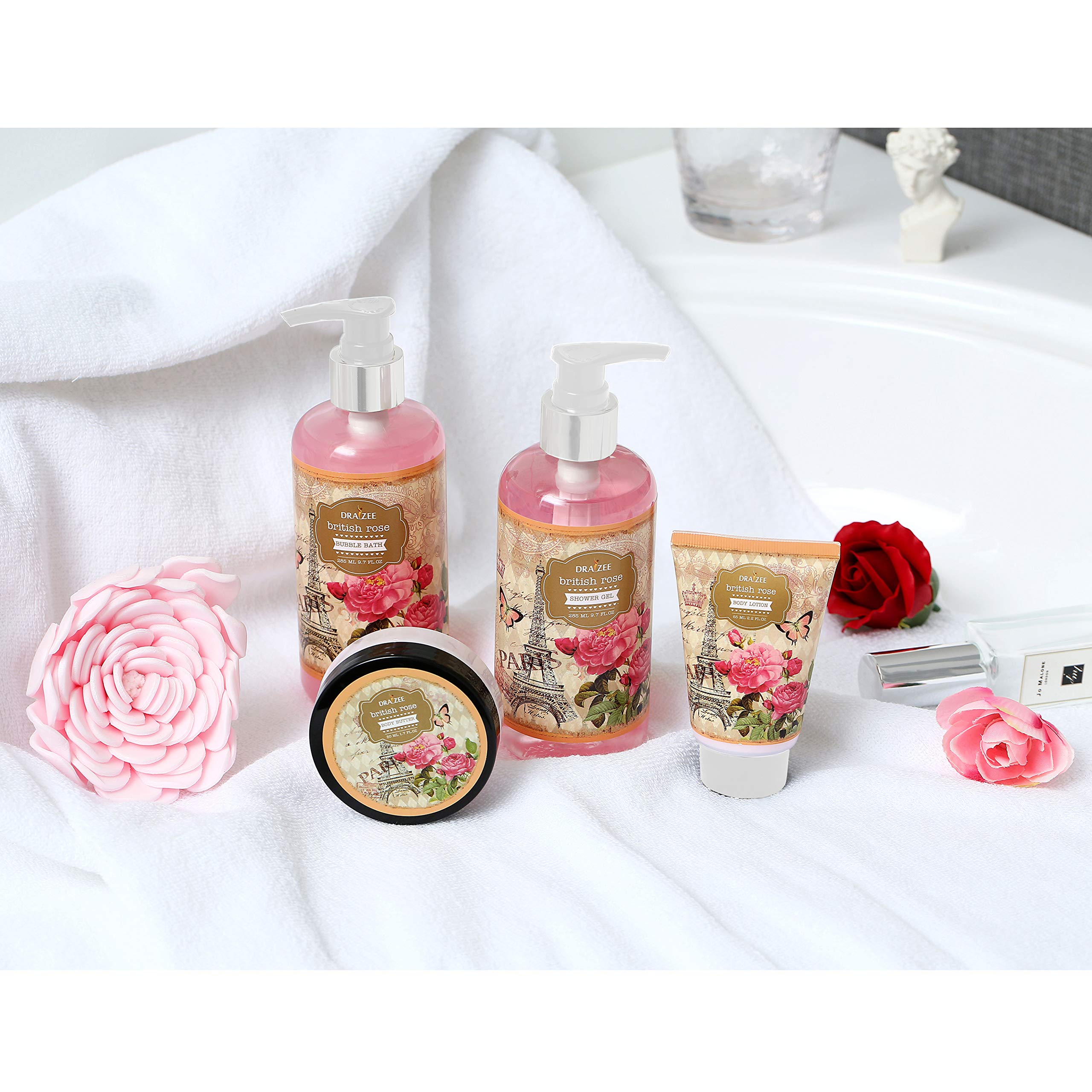 Luxury Spa Gift Set for Women - 4-Piece Bath & Body Basket with Rose, Cherry, Spearmint & Jasmine Scents | Includes Shower Gel, Bubble Bath, Loofah Puff, Body Butter & Lotion | Perfect Birthday, Mother's Day & Christmas Present | Relaxing Self-Care & Pampering Gift Idea