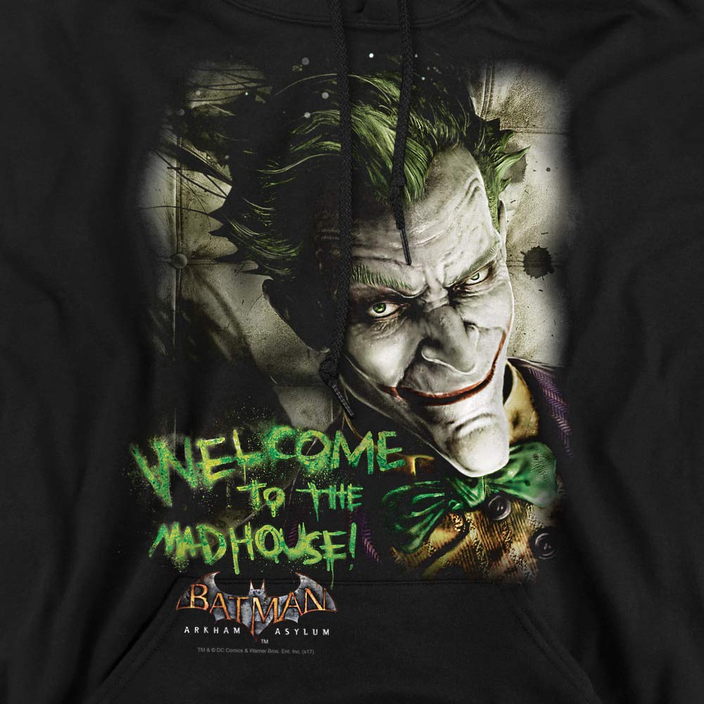 Trevco Batman AA Welcome To The Madhouse Unisex Adult Pullover Hoodie - Superhero Graphic Hooded Sweatshirt for Men & Women - Perfect for Cosplay, Comic Con & Casual Wear