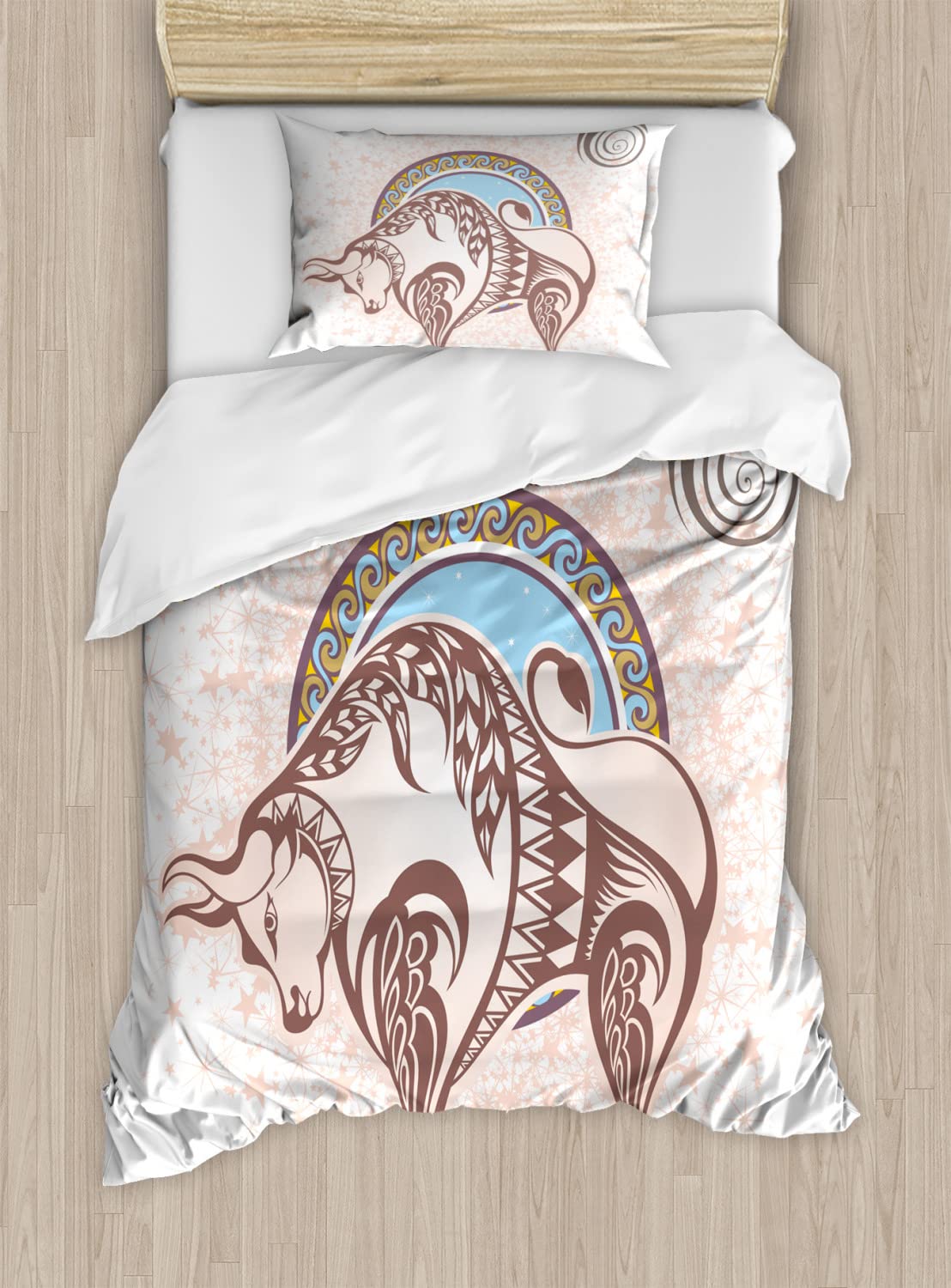 Ambesonne Zodiac Taurus Duvet Cover Set - Queen Size 2-Pack with Bull Horoscope Design, Brown Beige Bedding Includes 2 Duvet Covers & 4 Pillowcases | Perfect for Astrology Lovers' Bedroom Decor & Gift Ideas