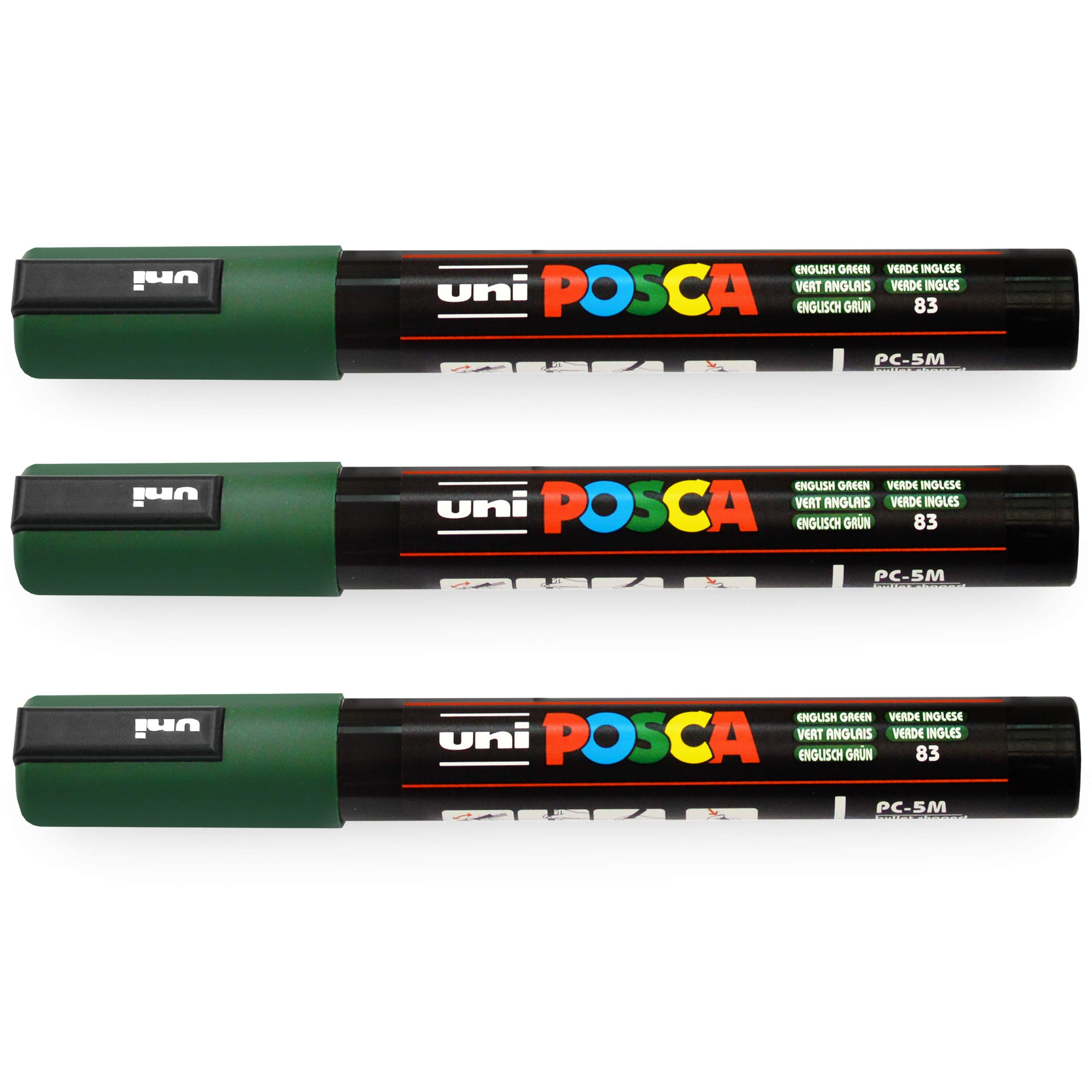 Uni-Ball POSCA PC-5M Paint Marker Art Pens - 1.8-2.5mm Fine Tip - English Green - Pack of 3 - Perfect for DIY Crafts, Sketching, Bullet Journaling & Rock Painting
