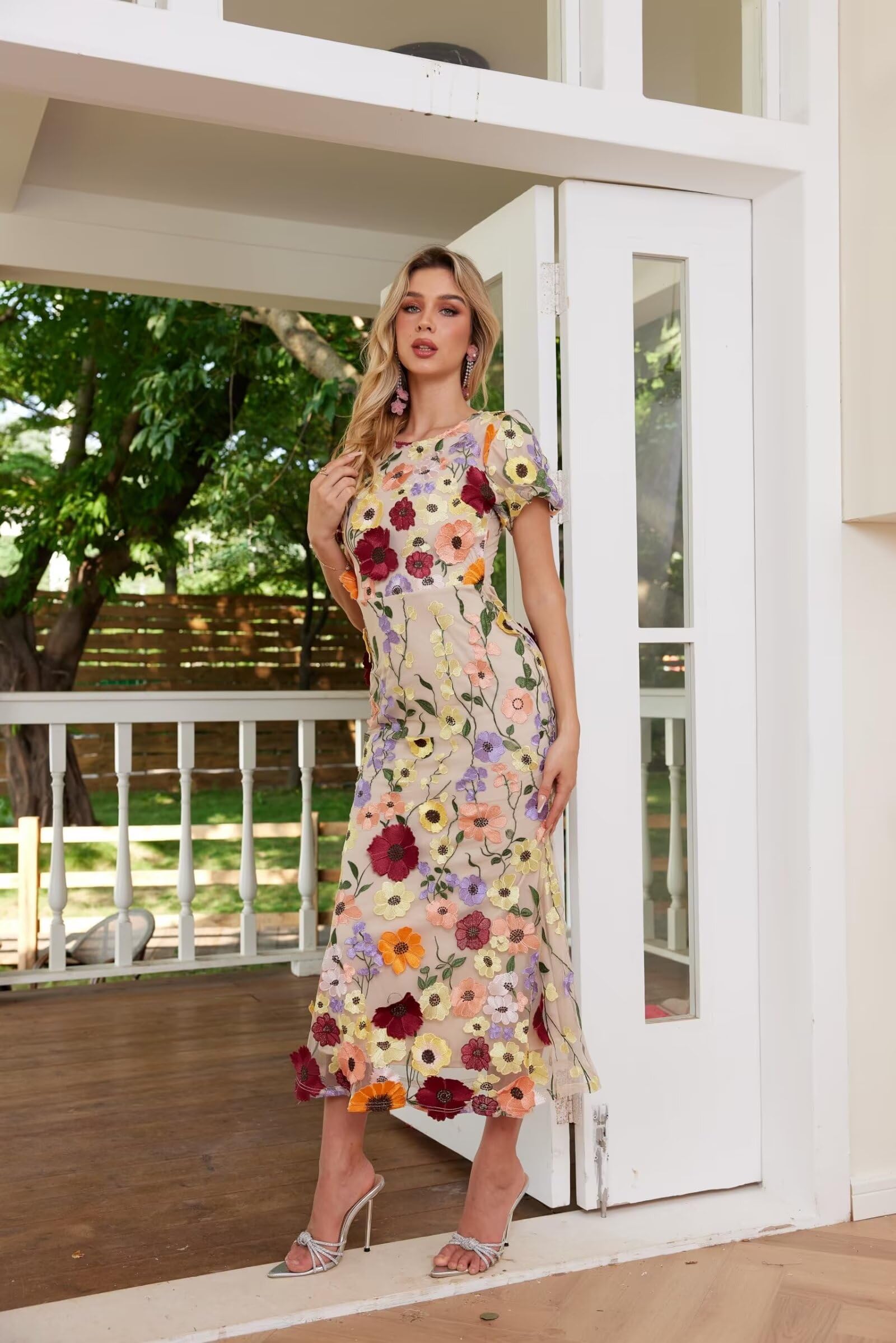 Elegant 3D Floral Embroidery Long Dress with Ruffle Sleeves & Lace Detail - Women's Bodycon Cocktail Dress for Parties, Weddings & Special Occasions