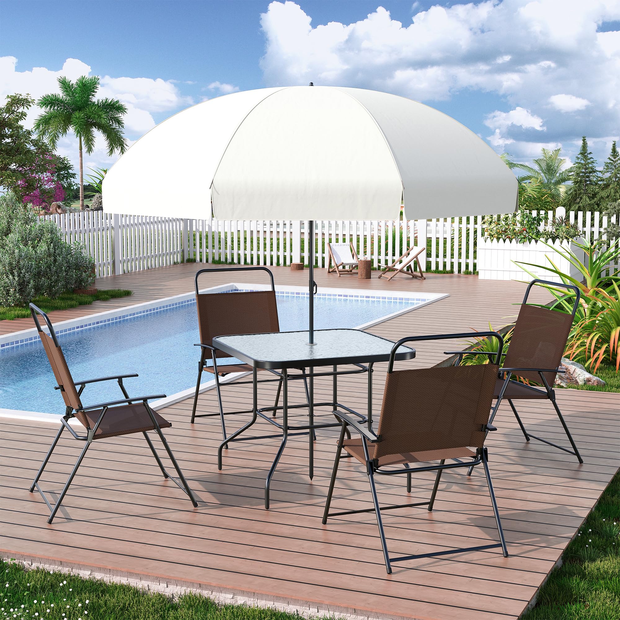 **UDPATIO 6-Piece Outdoor Patio Dining Set with Umbrella - 4 Folding Chairs & Tempered Glass Table - Perfect for Deck, Backyard, Poolside, Lawn, Garden or BBQ Parties (Brown)**