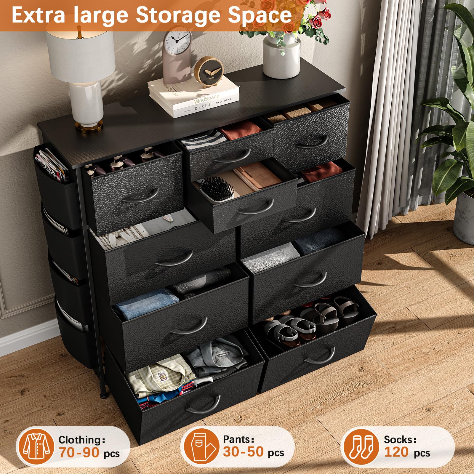 Black 10-Drawer Dresser for Bedroom & Closet Storage with Hooks - Perfect for Hallway, Kids Room