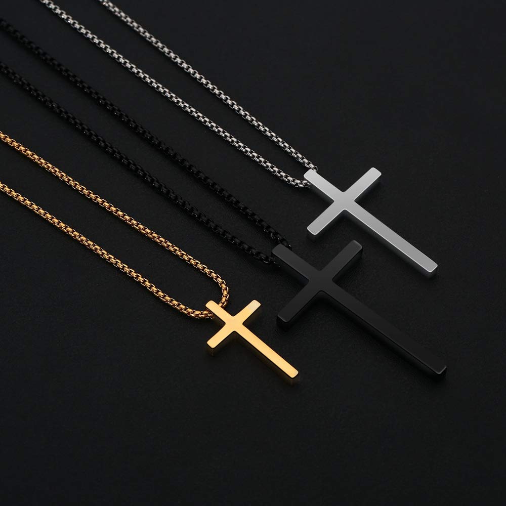 MMOOHAM Men's Cross Necklace - Silver, Black & Gold Stainless Steel Plain Pendant with Adjustable 16-30 Inch Box Chain | Religious Jewelry Gift for Him, Everyday Wear & Special Occasions