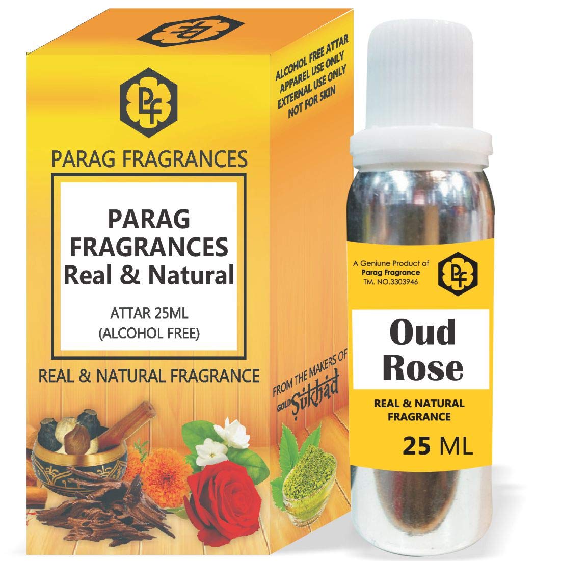 Parag Fragrances 25ml Oud Rose Attar - Alcohol-Free, Long-Lasting Natural Perfume Oil with Decorative Empty Bottle (Also Available in 50ml/100ml/200ml/500ml Sizes) - Perfect for Weddings, Special Occasions & Daily Aromatherapy