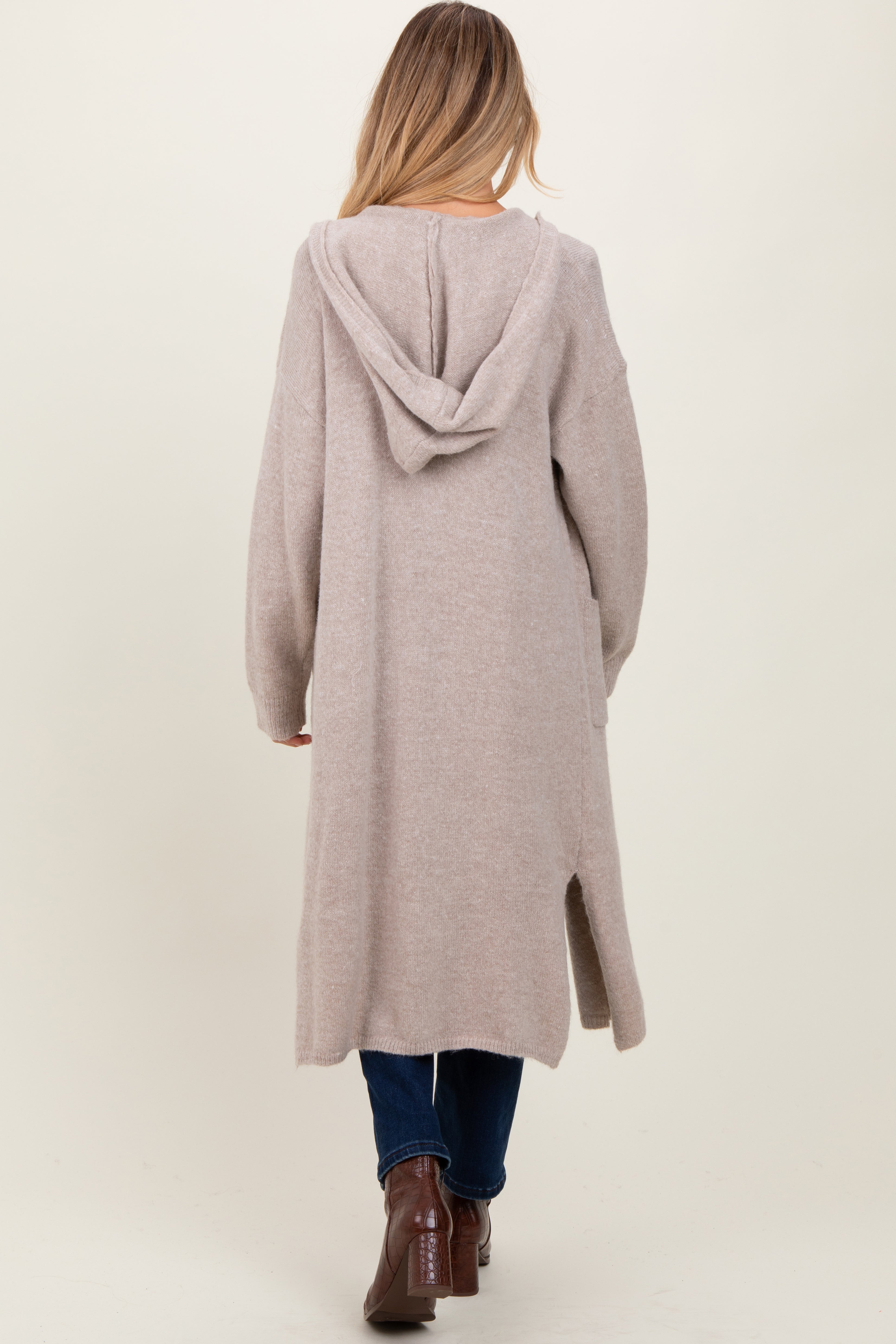 Beige Long Hooded Open Front Maternity Cardigan for Women - Soft Comfortable Nursing Sweater - Perfect for Pregnancy, Breastfeeding & Lounge Wear