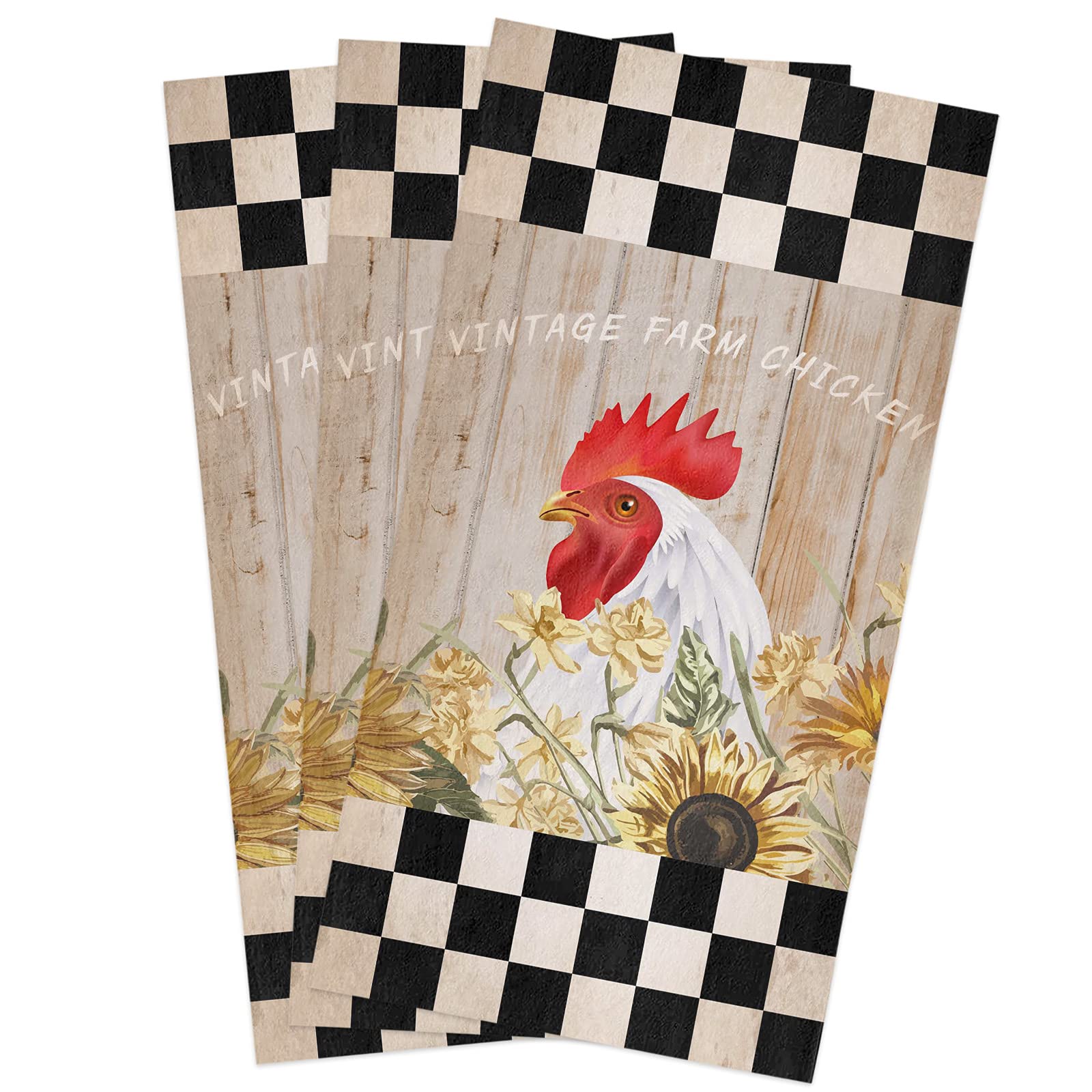 Vintage Farmhouse Kitchen Towels Set of 3 - Black & White Checkered Cotton Dish Cloths, Tea Towels and Hand Towels (16x28 Inches) - Soft Absorbent for Dishes, Bar Cleaning & Farmhouse Decor - Perfect for Country Kitchen, Coffee Shop and Rustic Home Use