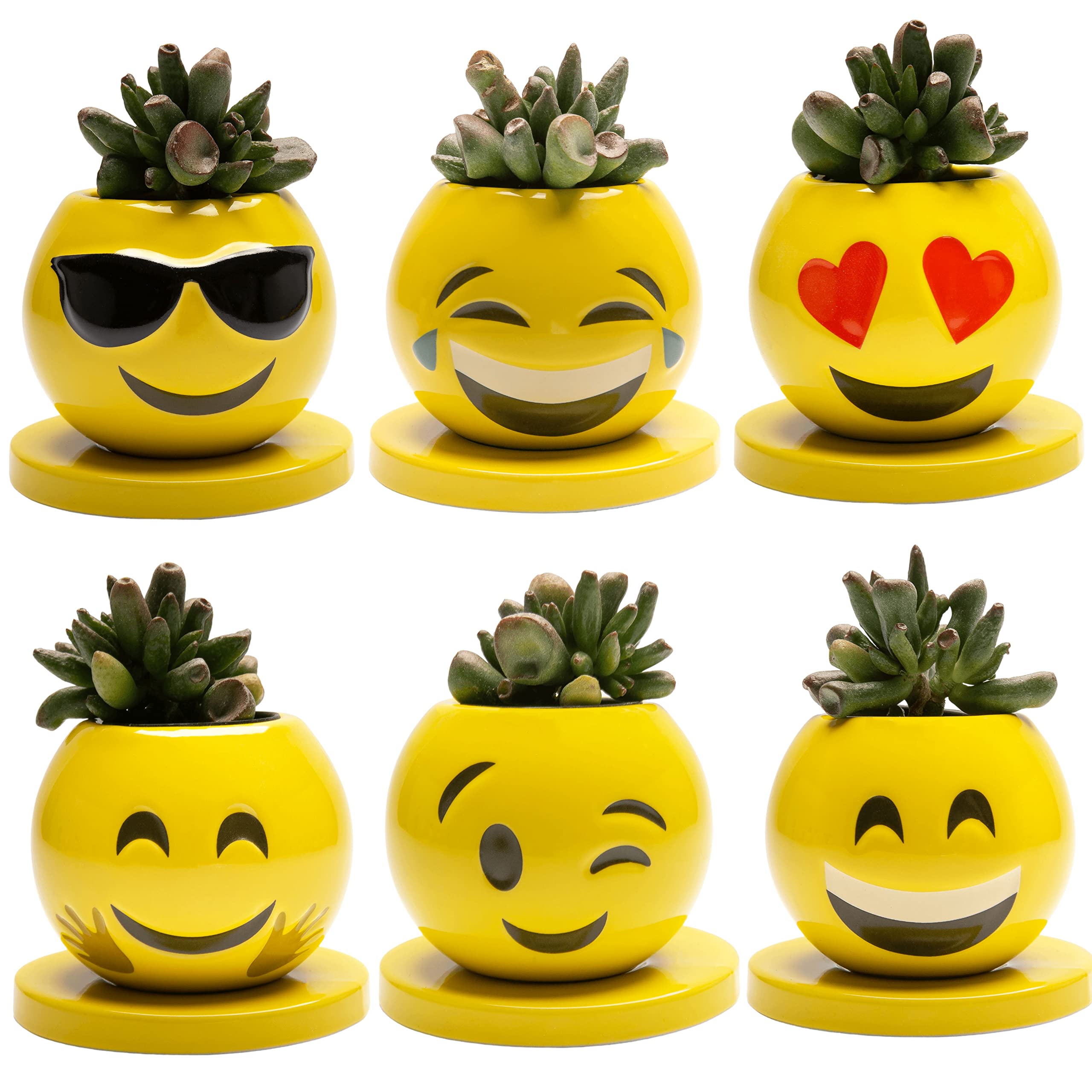 Claymoji Face Planter with Drainage & Saucer - Cute Succulent Pots for Indoor Plants, Cactus, Small Plants | Perfect for Home Decor, Office Desk & Gift Ideas