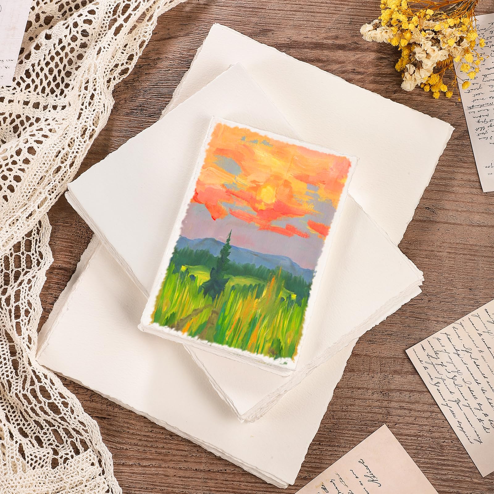 25 Sheets 300gsm Watercolor Paper with Deckled Edge - 4x6 Inch Rough Textured Cotton Paper for Watercolor Painting, Calligraphy, Invitations & Letters - Perfect for Artists, Crafters & Stationery Lovers