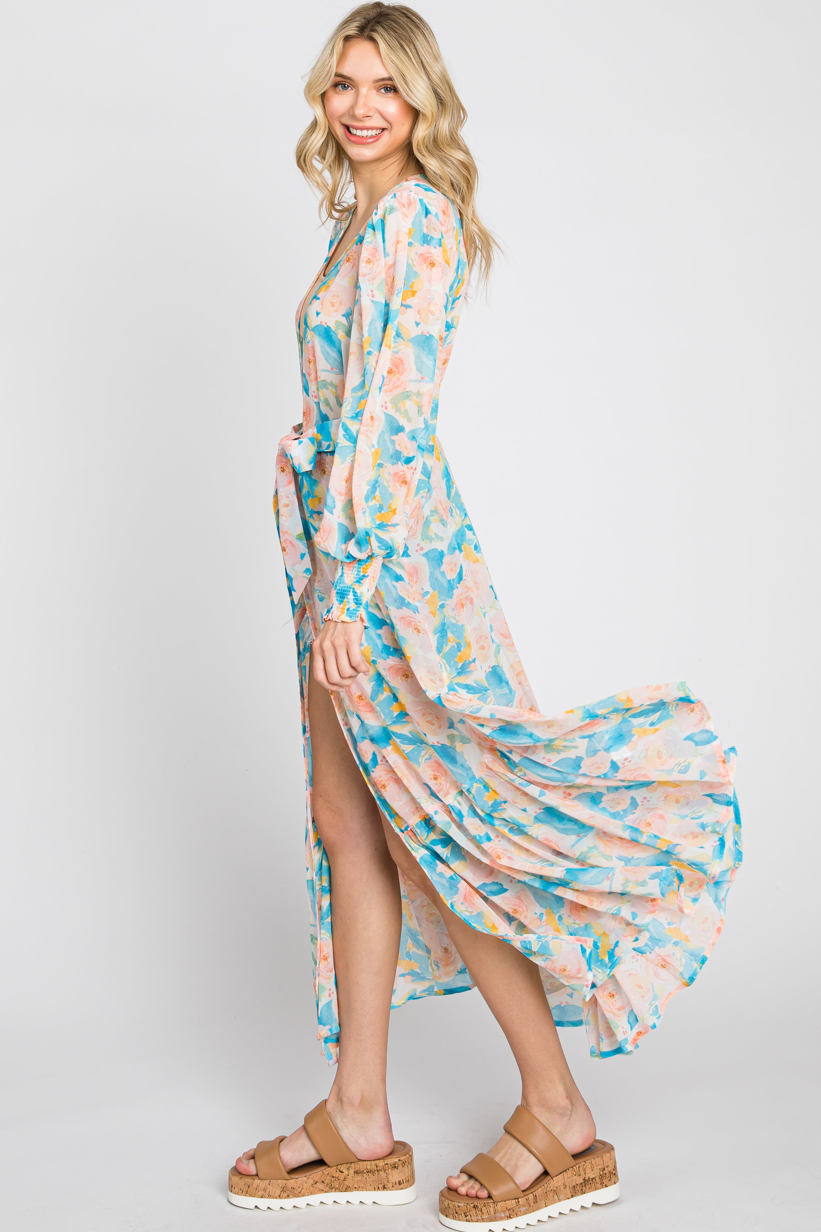 Aqua Floral Chiffon Beach Cover Up with Ruffle Hem - Lightweight Swimwear Cover Up for Women, Perfect for Pool, Beach Vacation and Summer Outfits