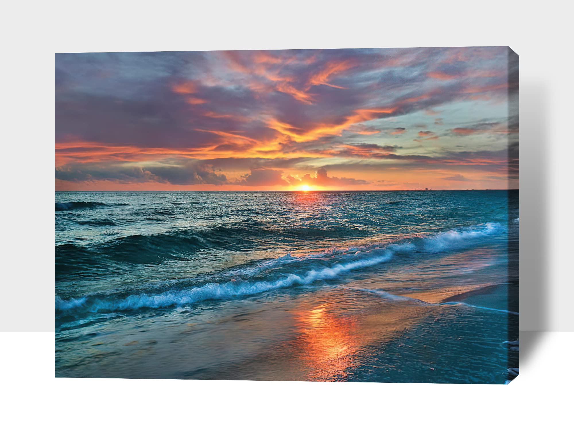 Extra Large Sunset and Beach Canvas Wall Art - 32x48 Inch Coastal Ocean Painting, Framed Seascape Print for Living Room & Bedroom Decor | Perfect for Beach House, Vacation Rental or Coastal-Themed Interior Design