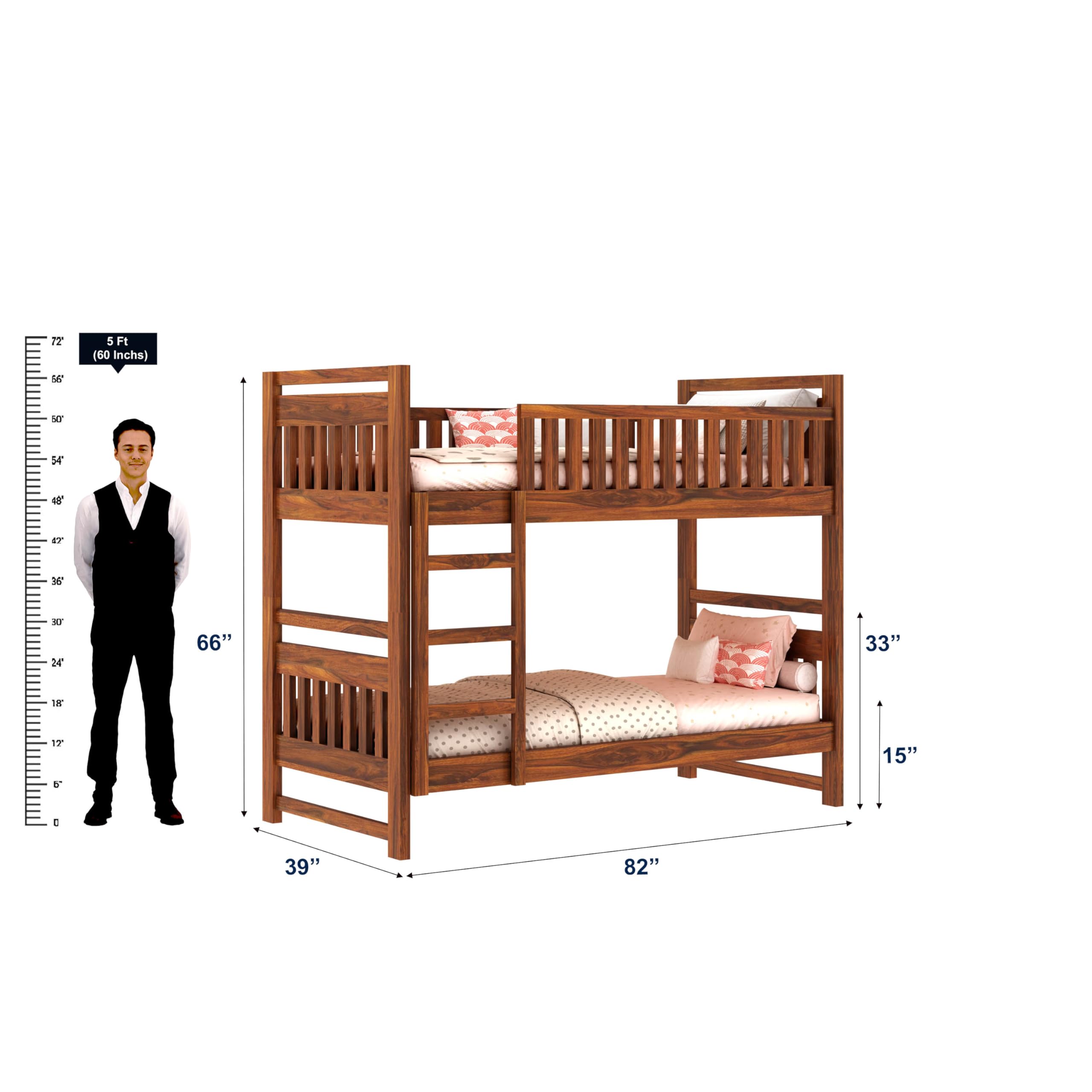 **Dreamydesks Sheesham Wood Tylor Bunk Bed - Solid Wood Double Bed Without Storage, Natural Finish - Perfect for Kids' Bedroom, Guest Room & Small Spaces**