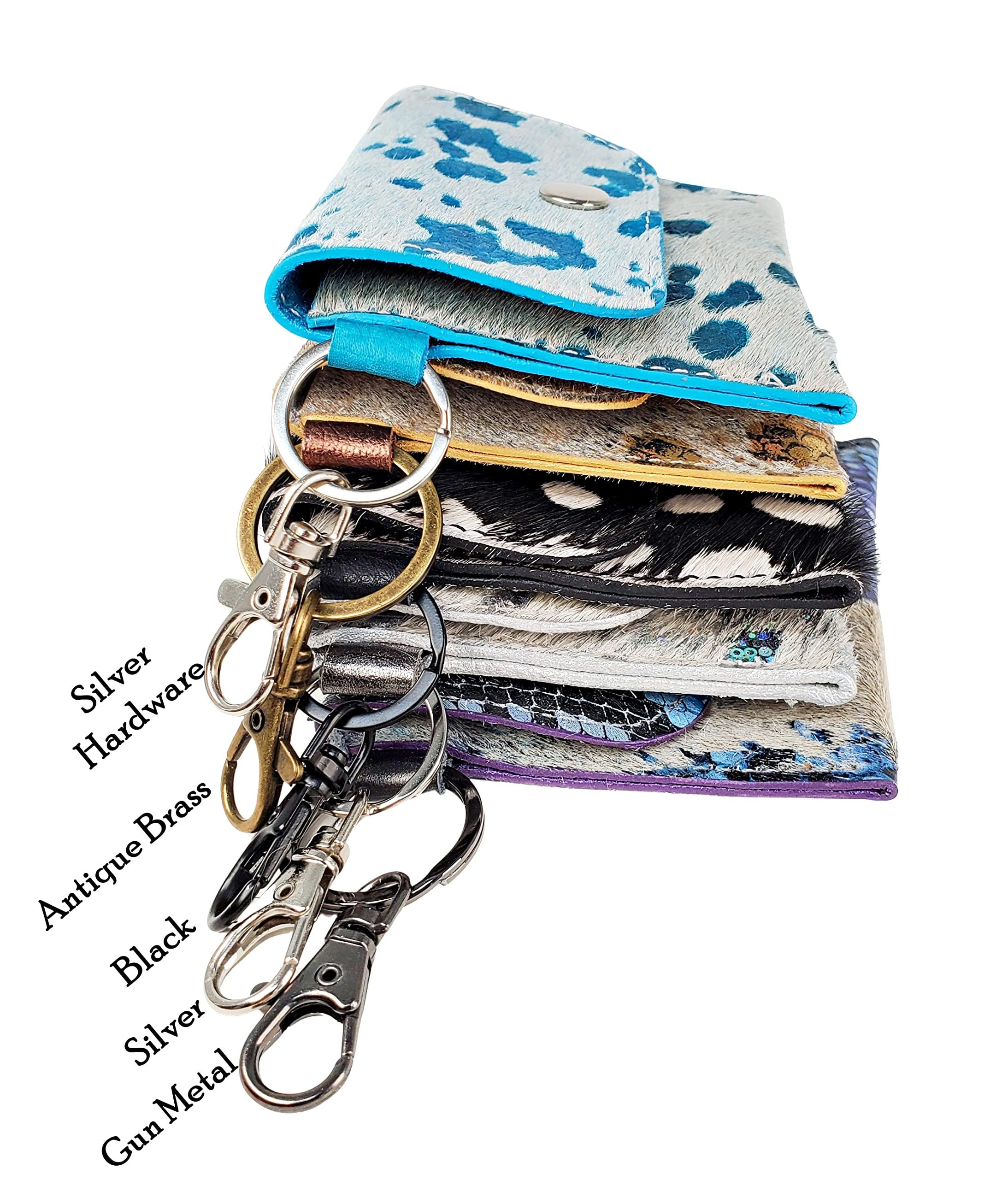 Premium Acid Wash Cowhide Keychain ID Card Wallet - Secure Business Card Holder with Hair-On Leather, Clip for Large Purses & Easy Grab & Go (Silver Acid Wash) | Perfect for Office, Travel & Everyday Use