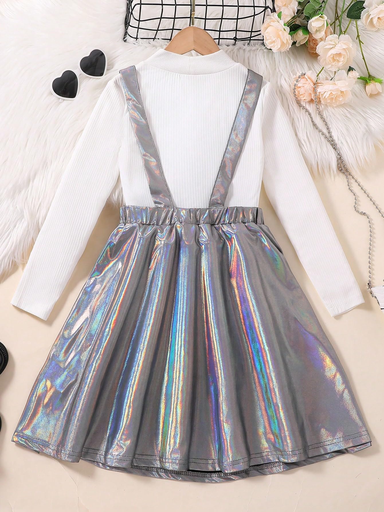 WDIRARA Girls' Metallic High Waist Overalls Holographic Suspender Party Dress with Flared Skirt - Perfect for Birthday Parties, Photo Shoots & Special Occasions