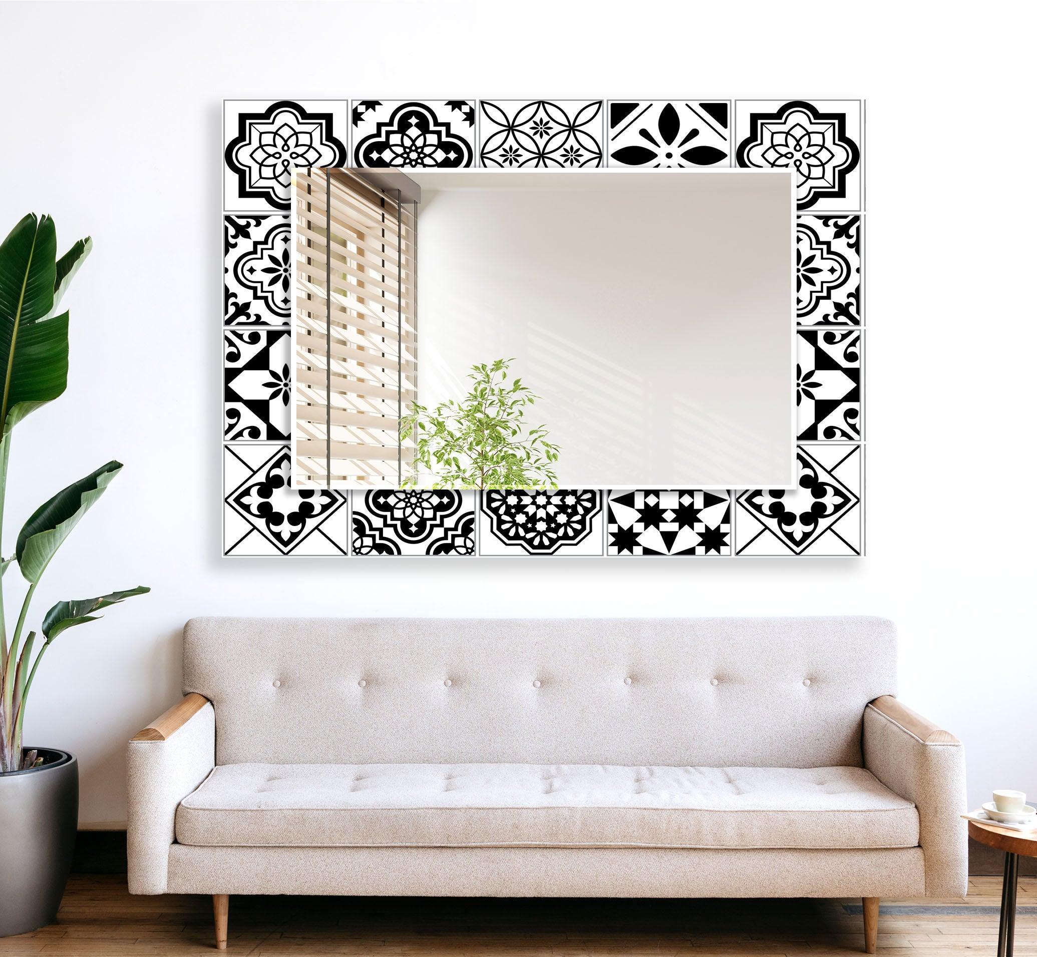 Black and White Mosaic Wall Mirror - Decorative Bathroom Vanity Mirror for Home Decor, Living Room, Bedroom, or Entryway