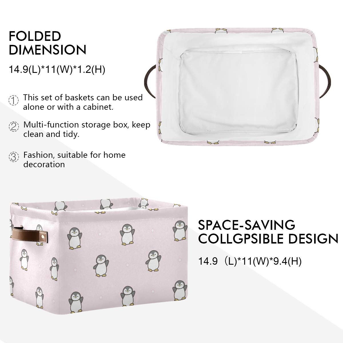 Foldable Storage Baskets with Handles - Pink Penguin Pattern Fabric Organizer Bin for Home & Office (15