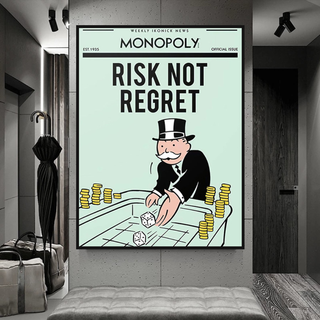 Alec Monopoly Risk Not Regret Playing Cards Canvas Wall Art - Pop Culture Home Decor for Living Room, Game Room & Office