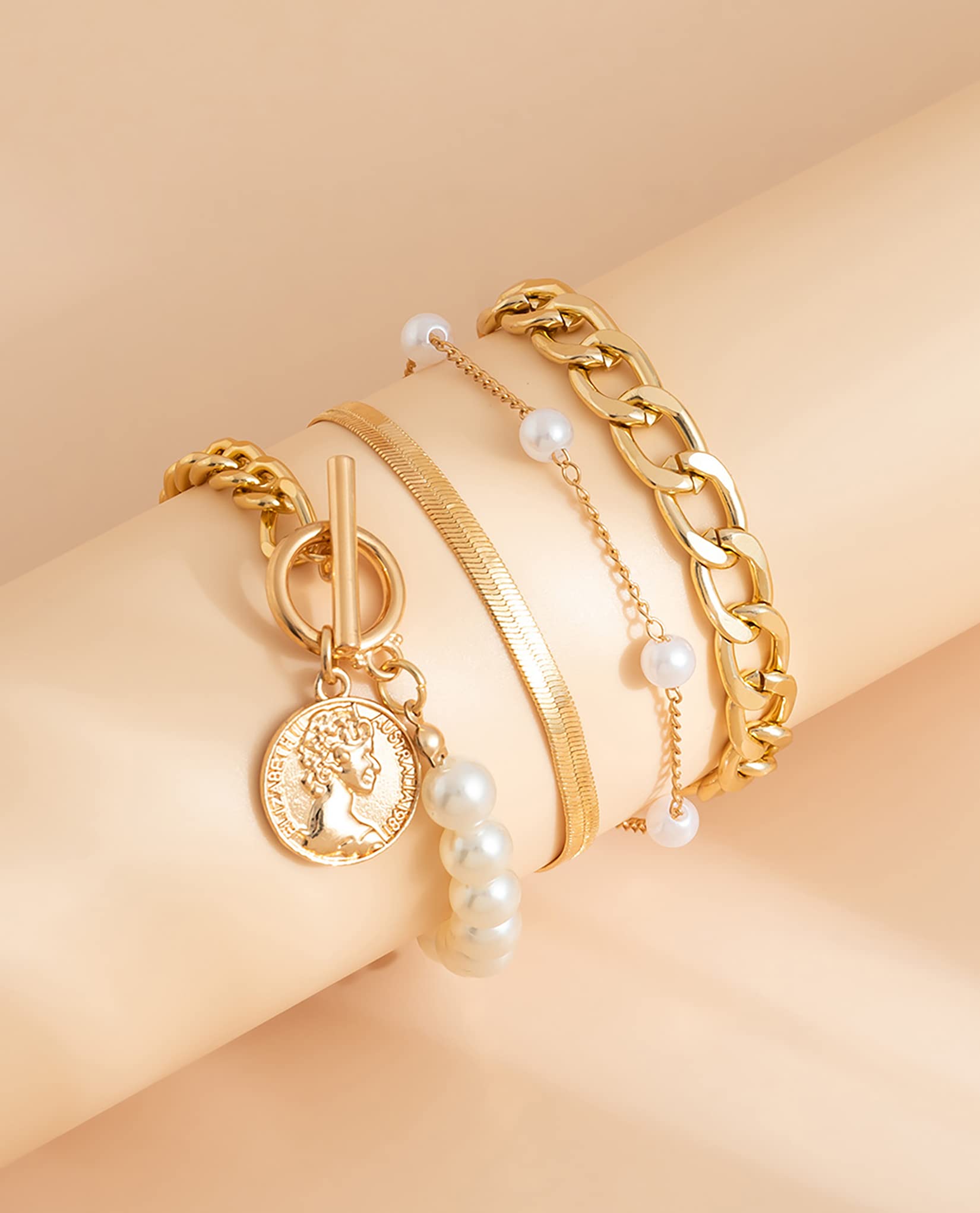 FUTIMELY 14K Gold Plated Snake Pearl CZ Chain Link Bracelet Set for Women - Adjustable Dainty Layered Paperclip Stacked Bracelets - Perfect for Everyday Wear, Gift Giving & Special Occasions