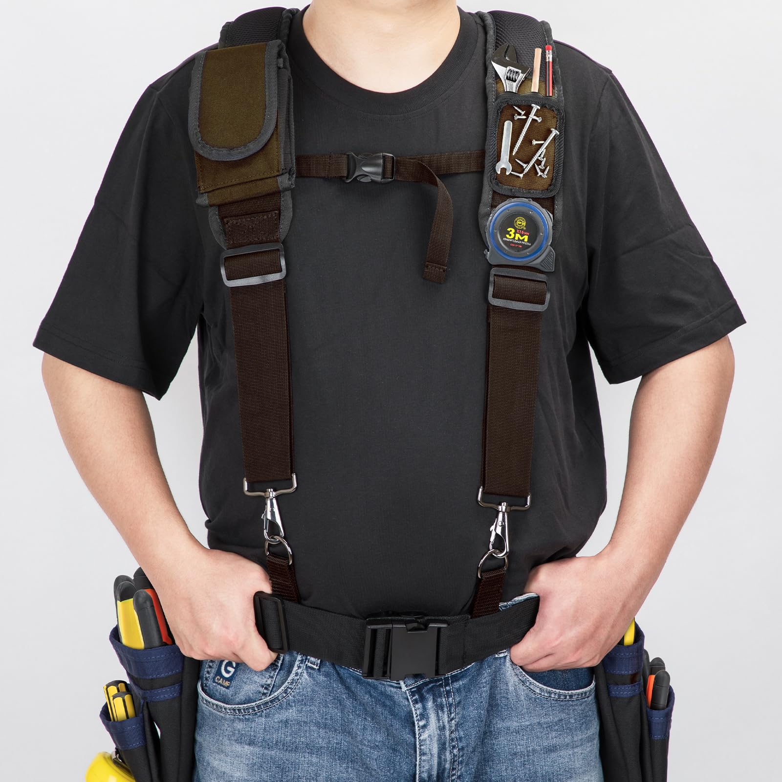 Adjustable Padded Tool Belt Suspenders for Men - Comfortable Carpenter Work Belt with Magnetic Wristband & Multi-Pocket Design for Construction Workers (Brown) | Ideal for DIY Projects, Home Renovations & Professional Job Sites