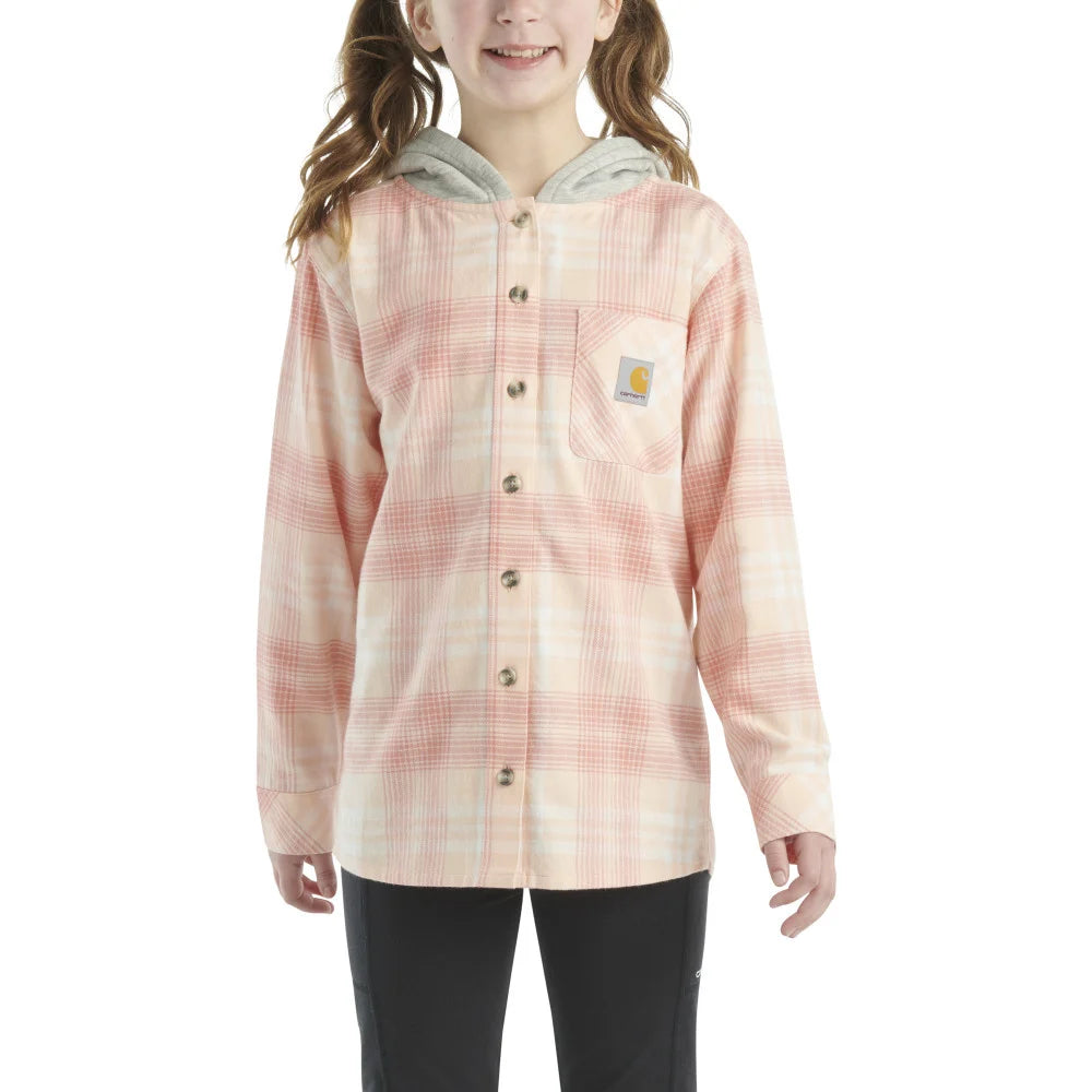 Carhartt Kids Long Sleeve Flannel Button-Up Hooded Shirt - Soft Cotton Plaid Shirt for Boys & Girls, Pink - Perfect for School, Outdoor Play & Family Activities