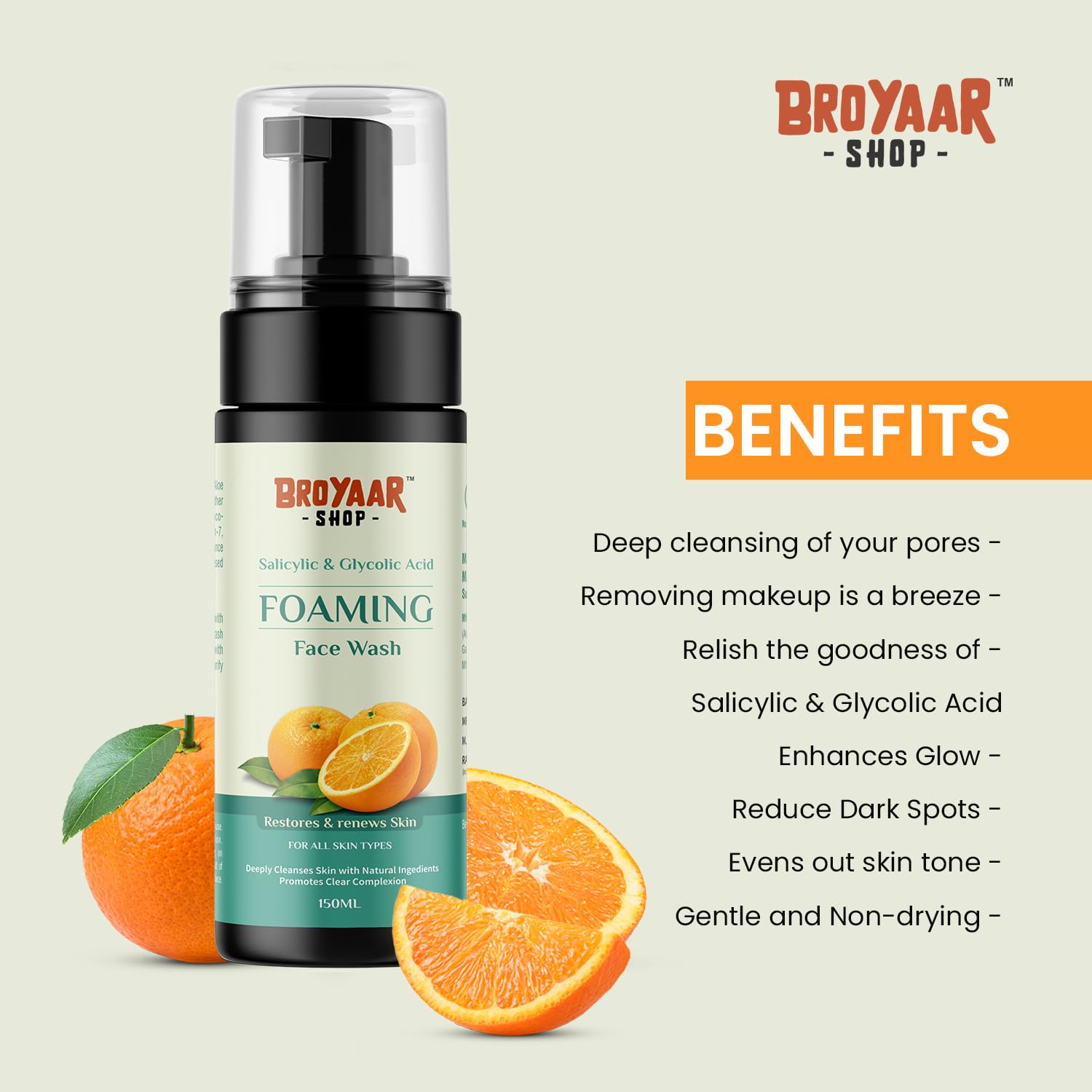 Broyaar 1.5% Salicylic Acid & 2% Glycolic Acid Foaming Face Wash for Oily, Acne-Prone Skin - Deep Cleansing Exfoliating Facial Cleanser for Men & Women (150ml) | Perfect for Daily Skincare Routine & Acne Treatment