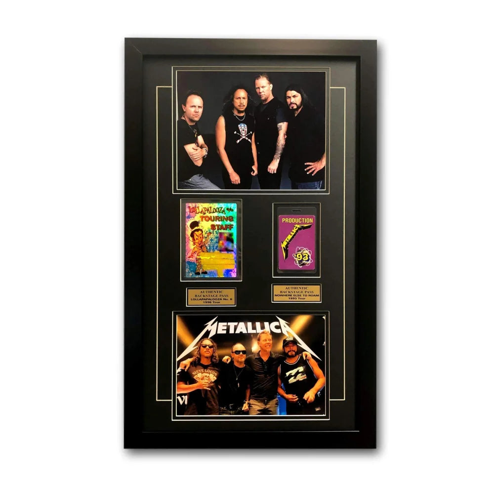 Metallica Framed World Tour Backstage Pass Collage with COA - 16x26 Inch Lollapalooza Concert Photos - Perfect for Music Memorabilia Collectors & Rock Band Wall Decor