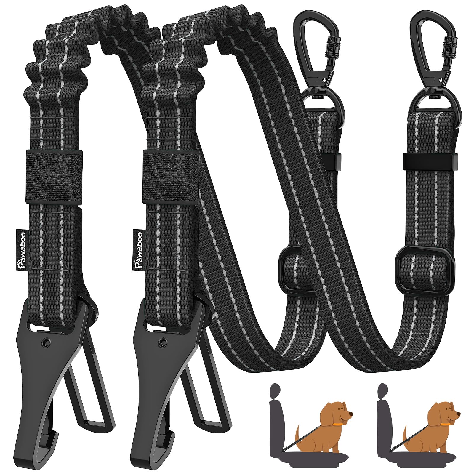 Pawaboo 2-Pack Dog Seat Belt for Cars - Adjustable 3-in-1 Pet Car Safety Harness with Shockproof Bungee, Reflective Leash & 360° Lockable Buckle - Perfect for Road Trips, Daily Commutes & Travel with Your Dog (Black)
