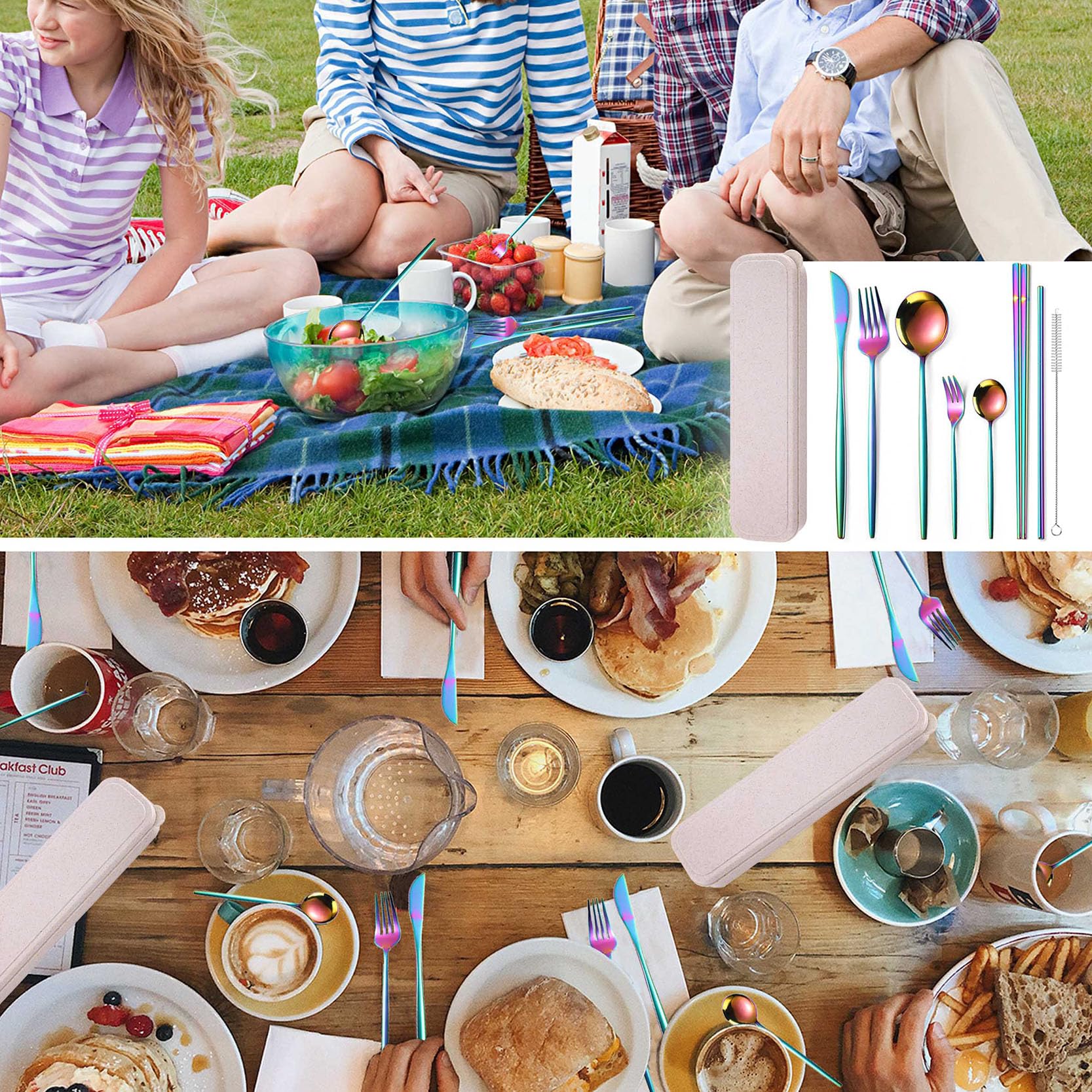 Rainbow 8-Piece Stainless Steel Travel Cutlery Set with Chopsticks & Cleaning Brush - Perfect for Camping, Picnics & Office Lunch