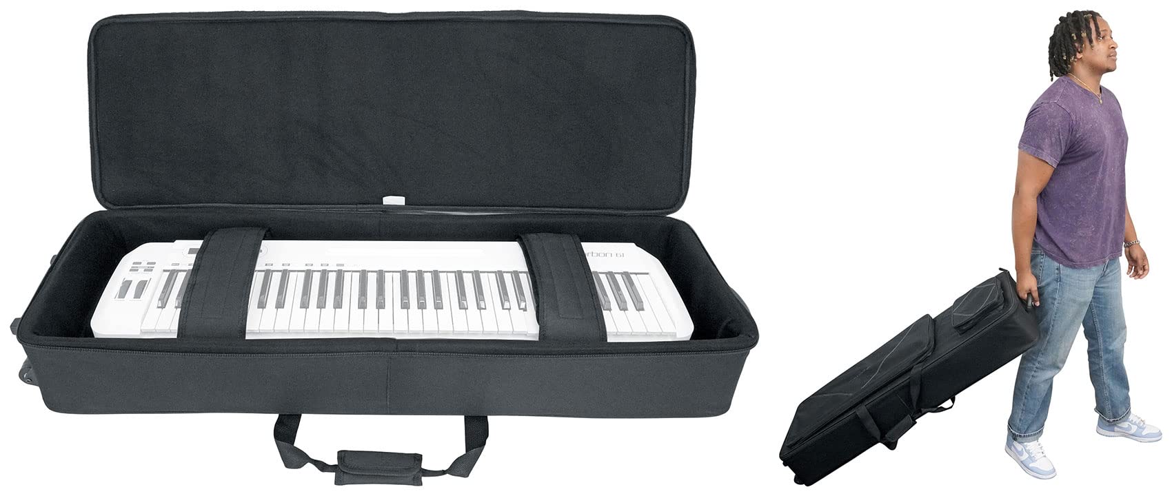 Rockville 61-Key Slim Keyboard Rolling Case with Wheels & Trolley Handle - Portable Padded Gig Bag with Storage Pocket V2 - Perfect for Travel, Gigging Musicians & Studio Use