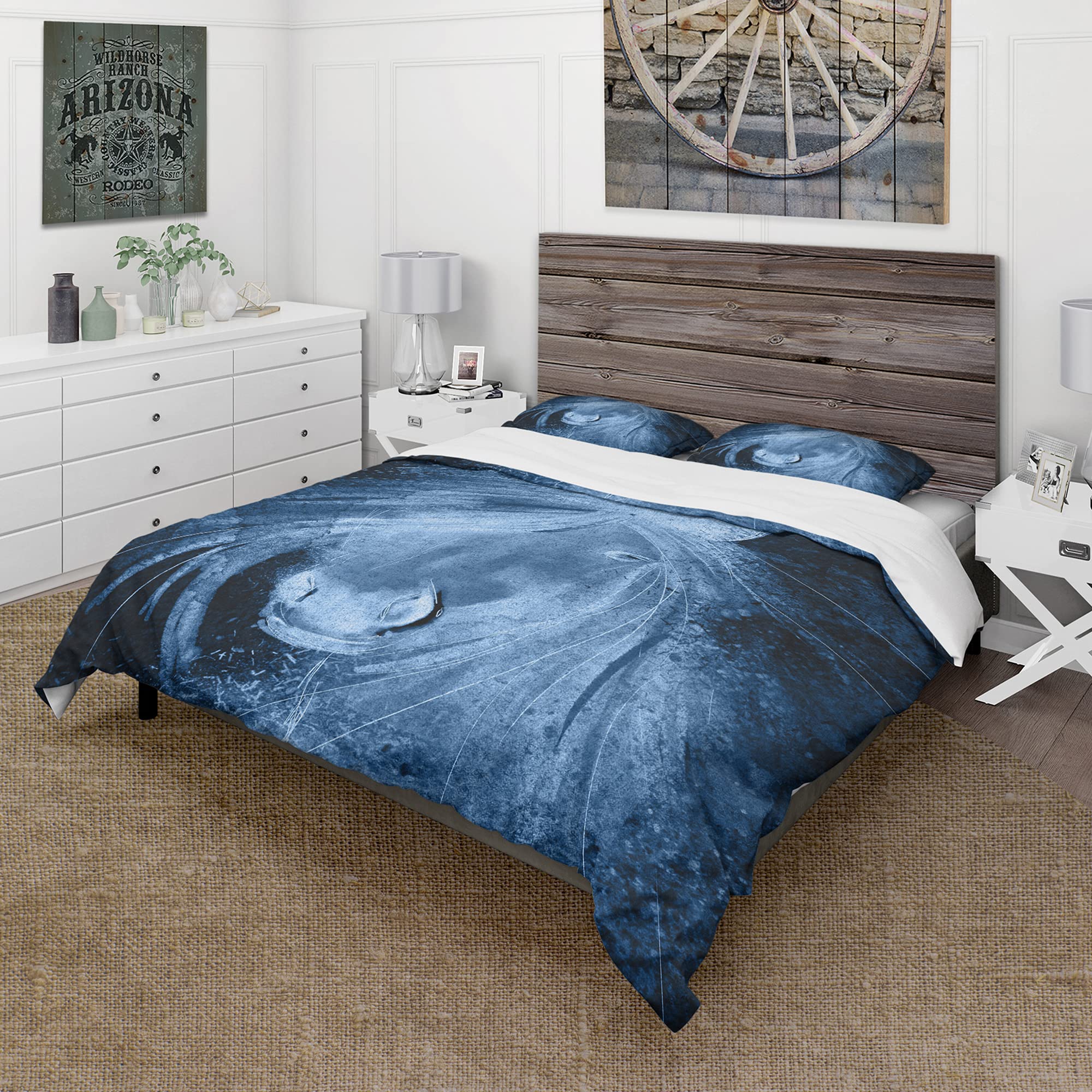 DesignQ Farmhouse Horse XII Blue Duvet Cover Set King Size - 3 Piece All Season Bedding Set | Rustic Farmhouse Decor for Master Bedroom & Guest Room
