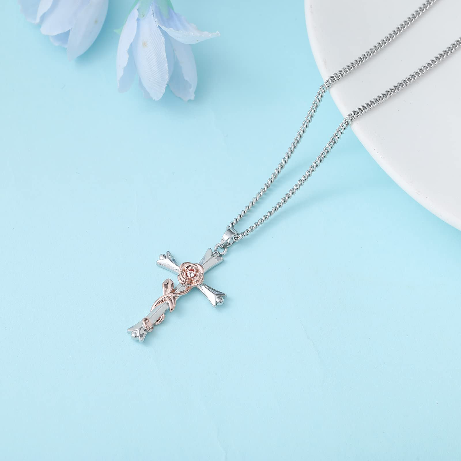 ACECHA Silver Faith Cross Necklace for Women - Birthstone & Birth Flower Pendant Jewelry | Perfect Gift for Wife, Teen Girls, Women | Birthday, Anniversary, Baptism, Confirmation, Mother's Day Gift Idea