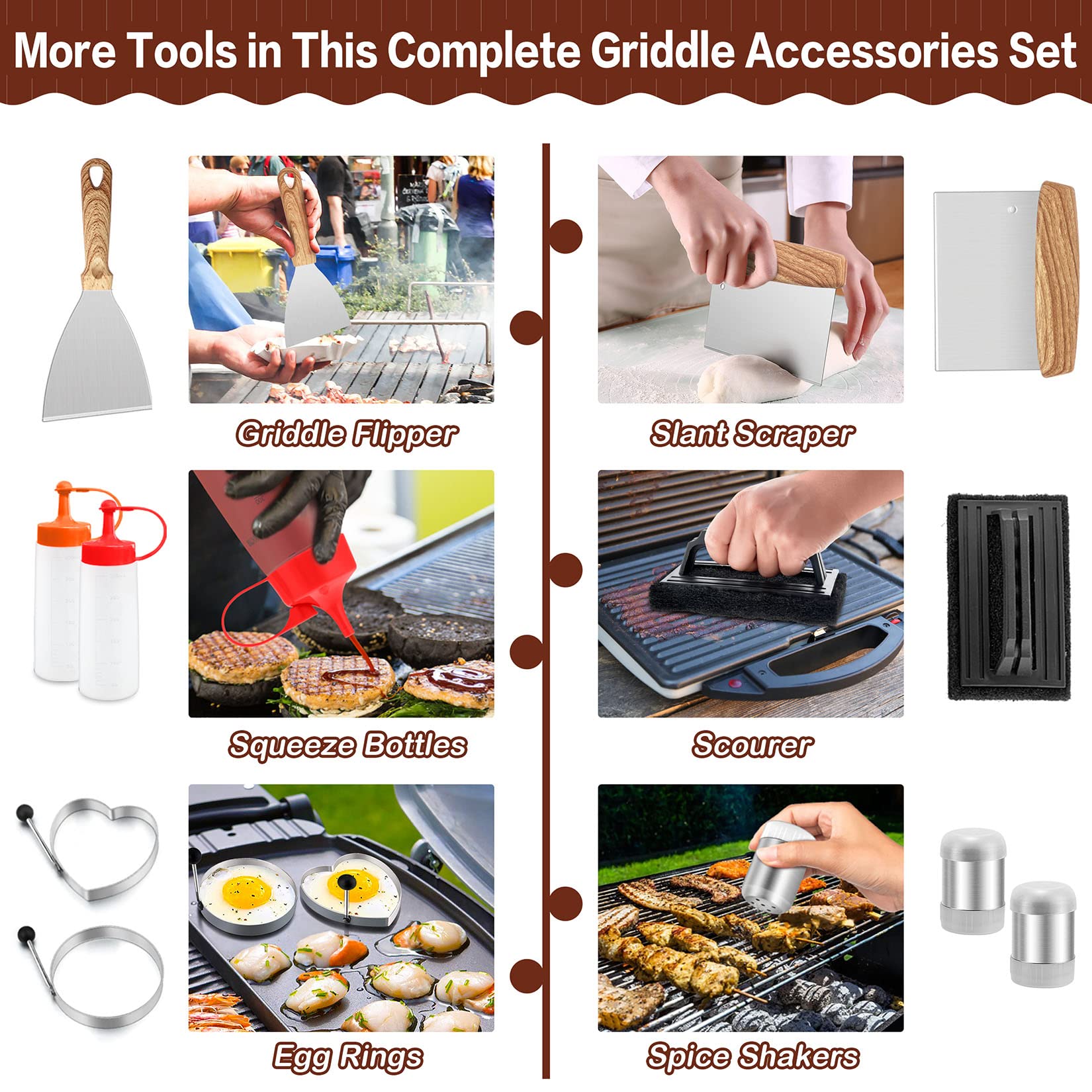 Joyfair 19-Piece Griddle Accessories Kit with Melting Domes - Stainless Steel BBQ Turners, Basting Cover, Burger Press & Scrapers for Flat Top Grill - Perfect for Outdoor Camping, Teppanyaki Cooking & Backyard BBQs - Includes Convenient Carry Bag