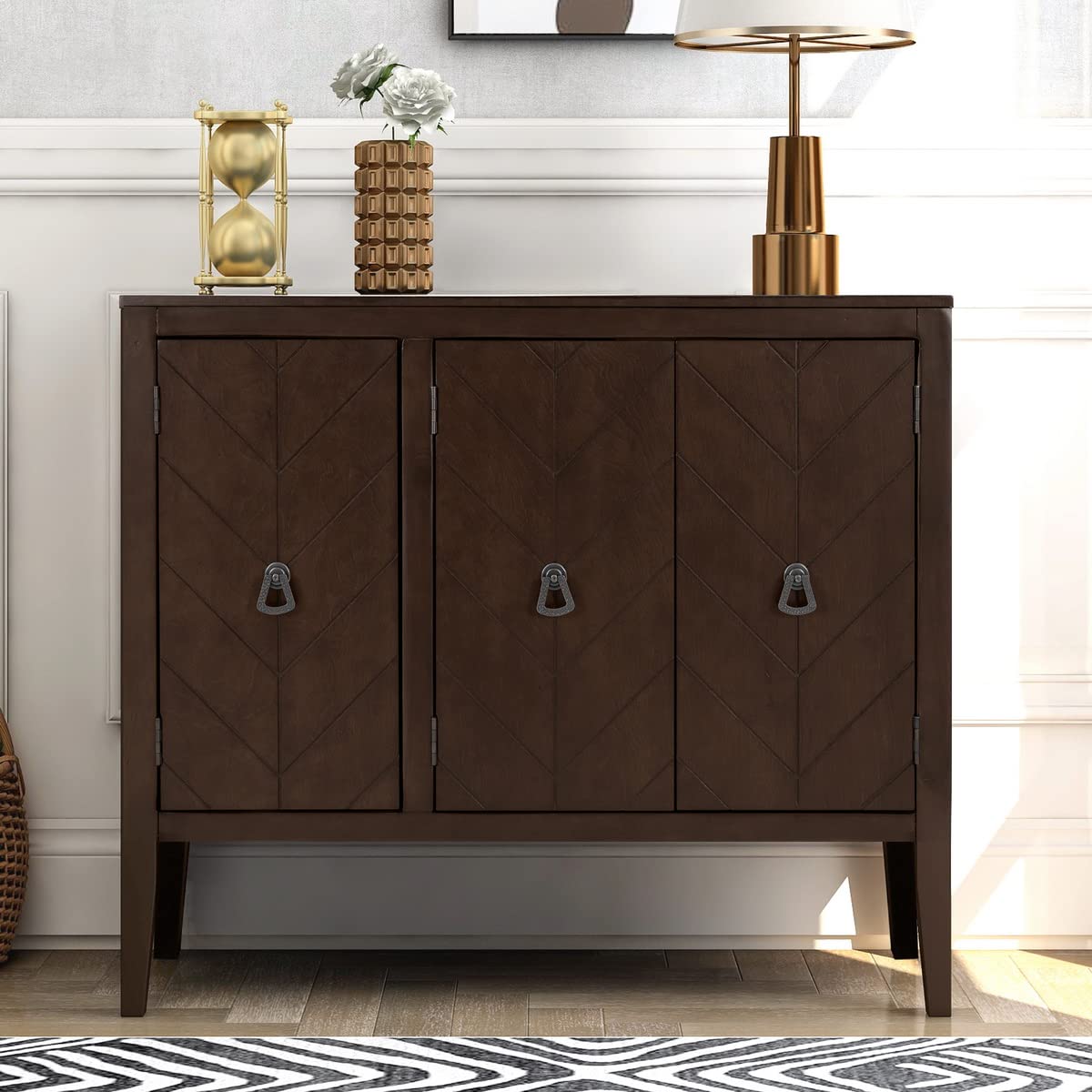 WTRAVEL Antique Modern Wood Storage Cabinet - Adjustable Shelf, 3 Doors Sideboard for Kitchen, Entryway, Living Room & Bedroom - Rustic Brown Buffet Cabinet | Perfect for Dining Room Storage, Hallway Organizer & Home Decor