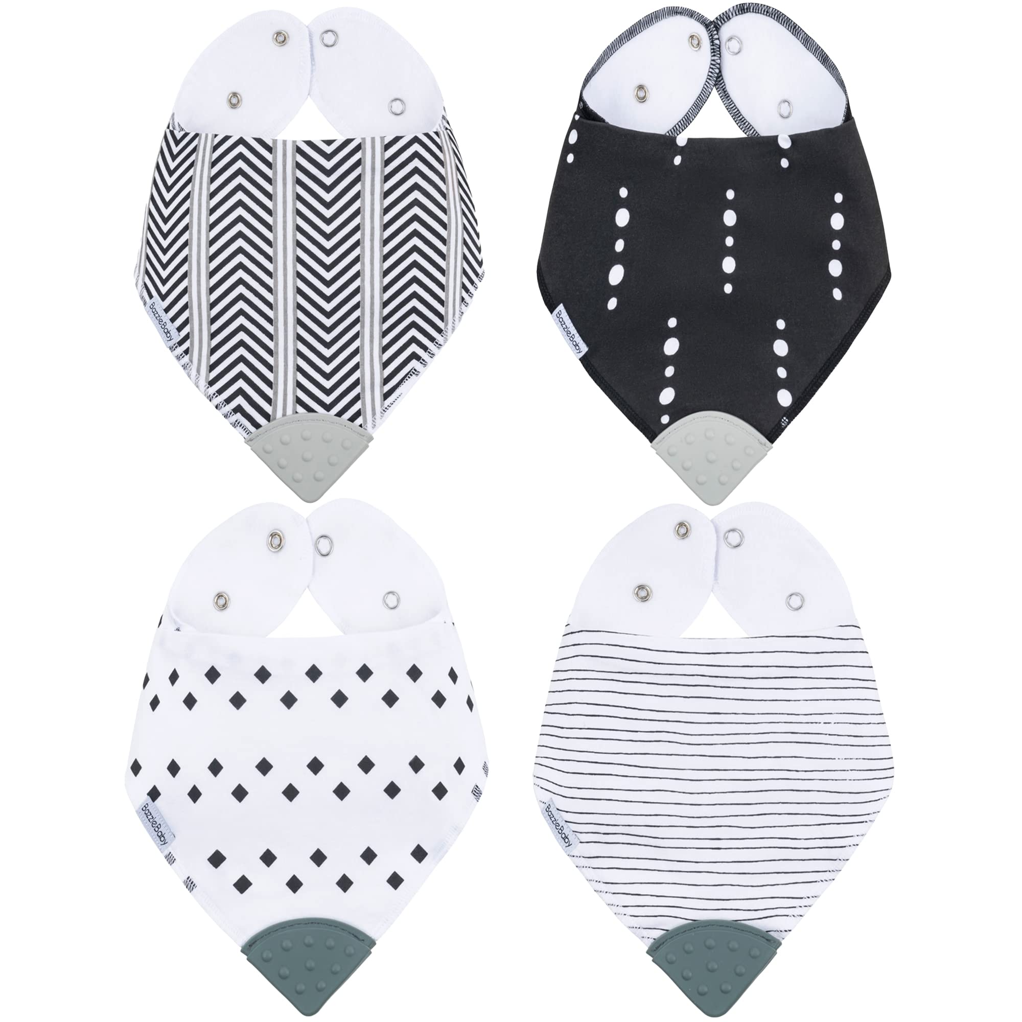 Bazzle Baby Bandana Teething Bibs 4-Pack – Soft Cotton Drool Bibs for Boys & Girls with Silicone Teether for Teething Relief, Adjustable & Absorbent Baby Bibs for Drooling (Gray & White) – Perfect for Feeding, Playtime & Daily Outfits