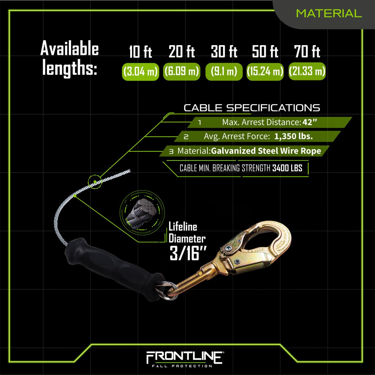 Frontline RPG20' Fall Protection Cable SRL with Steel Snap Hook | 3/16