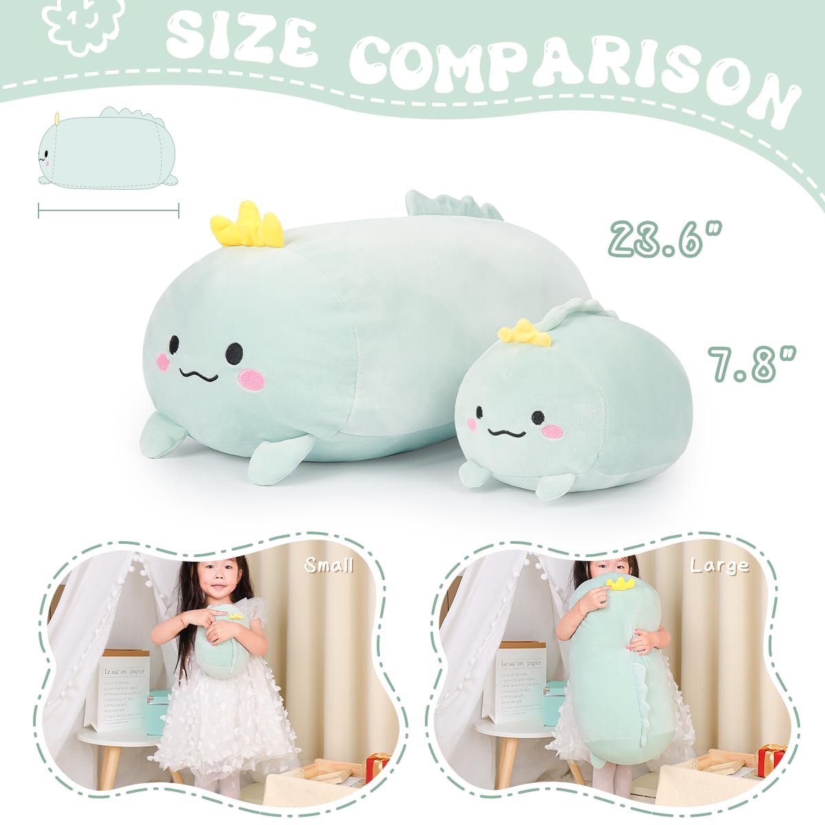 AIXINI 35.5 Inch Super Soft Dinosaur Plush Stuffed Animal - Cylindrical Body Pillow for Kids & Adults, Cute Cartoon Hugging Toy Gift for Birthday, Christmas (Great for Cuddling, Home Decor & Stress Relief)