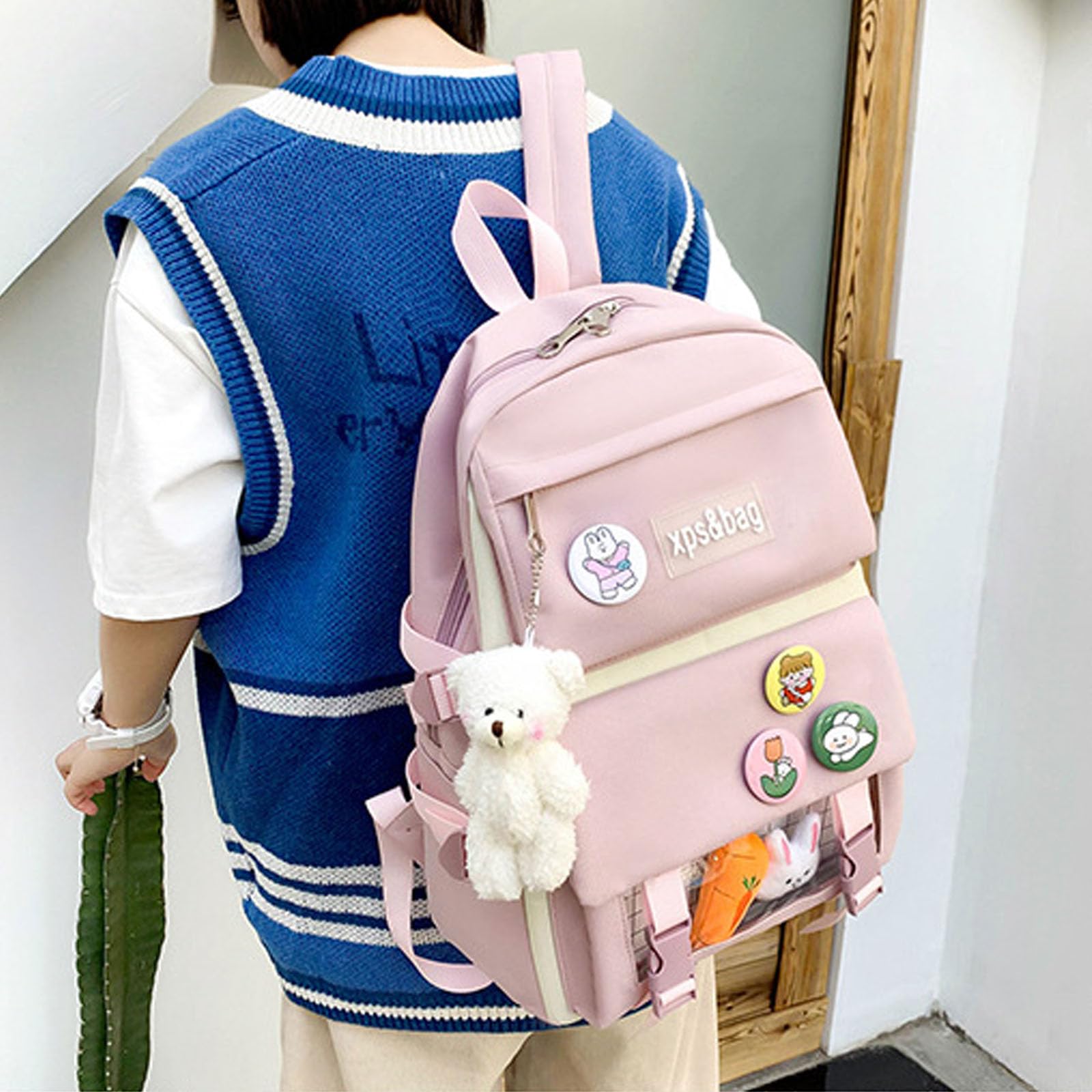 4Pcs Kawaii Backpack Set for School - Cute Aesthetic Backpacks with Accessories for Girls & Teens (Pink) - Perfect for School, Travel & Daily Use
